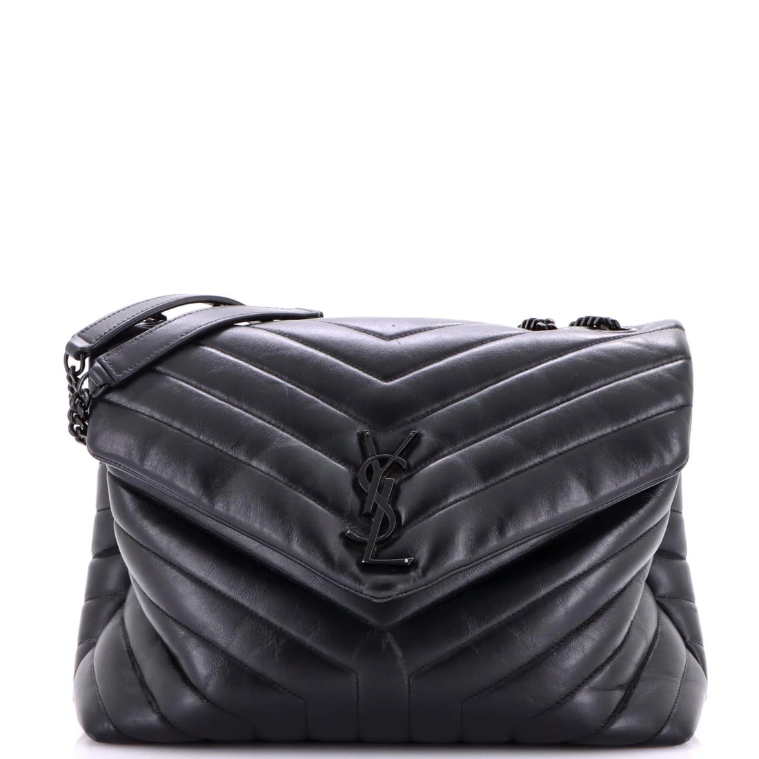 Loulou Medium Leather Bag Matelasse Chevron Shoulder Saint Laurent: Loulou Medium Leather Bag Matelasse Chevron Shoulder Saint Laurent The Saint Laurent Loulou Medium Leather Bag boasts a chic, all-black design with a striking matelasse chevron pattern. This