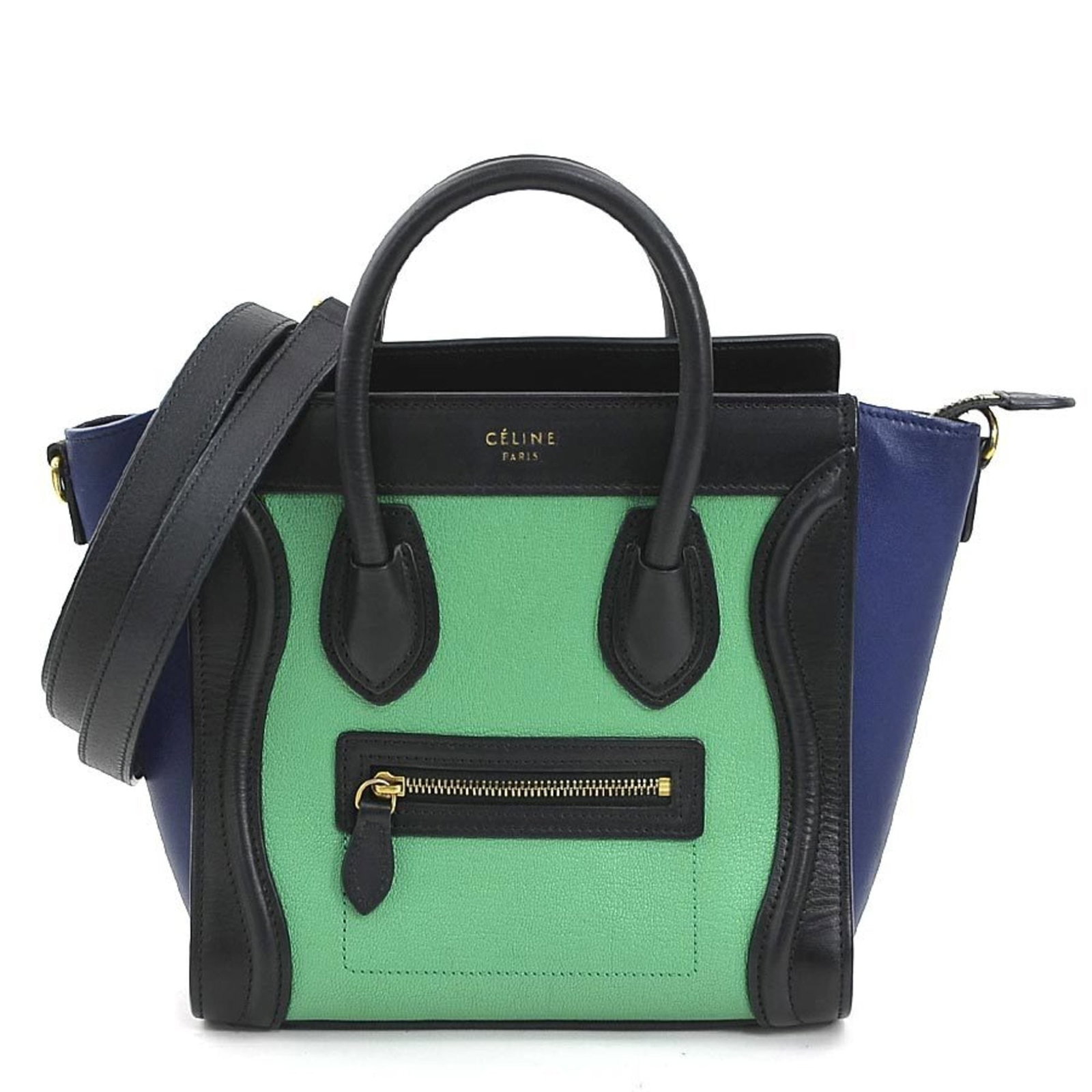 Handbag Leather Shoulder Bag Celine: Handbag Leather Shoulder Bag Celine Black, Blue, or Green Celine Leather Shoulder Bag. This Italian-made handbag features a sleek design with a durable leather exterior, complemented by a dust bag