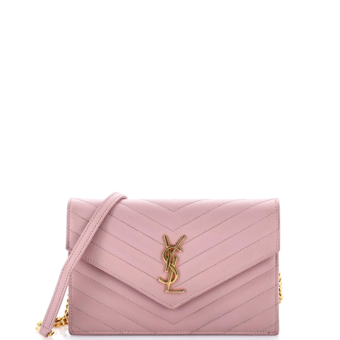 Classic Monogram Wallet on Chain Small Saint Leather Matelasse Chevron: Classic Monogram Wallet on Chain Small Saint Leather Matelasse Chevron Pink leather exterior with classic monogram and matelasse chevron design, featuring a small size and chain strap, all in good