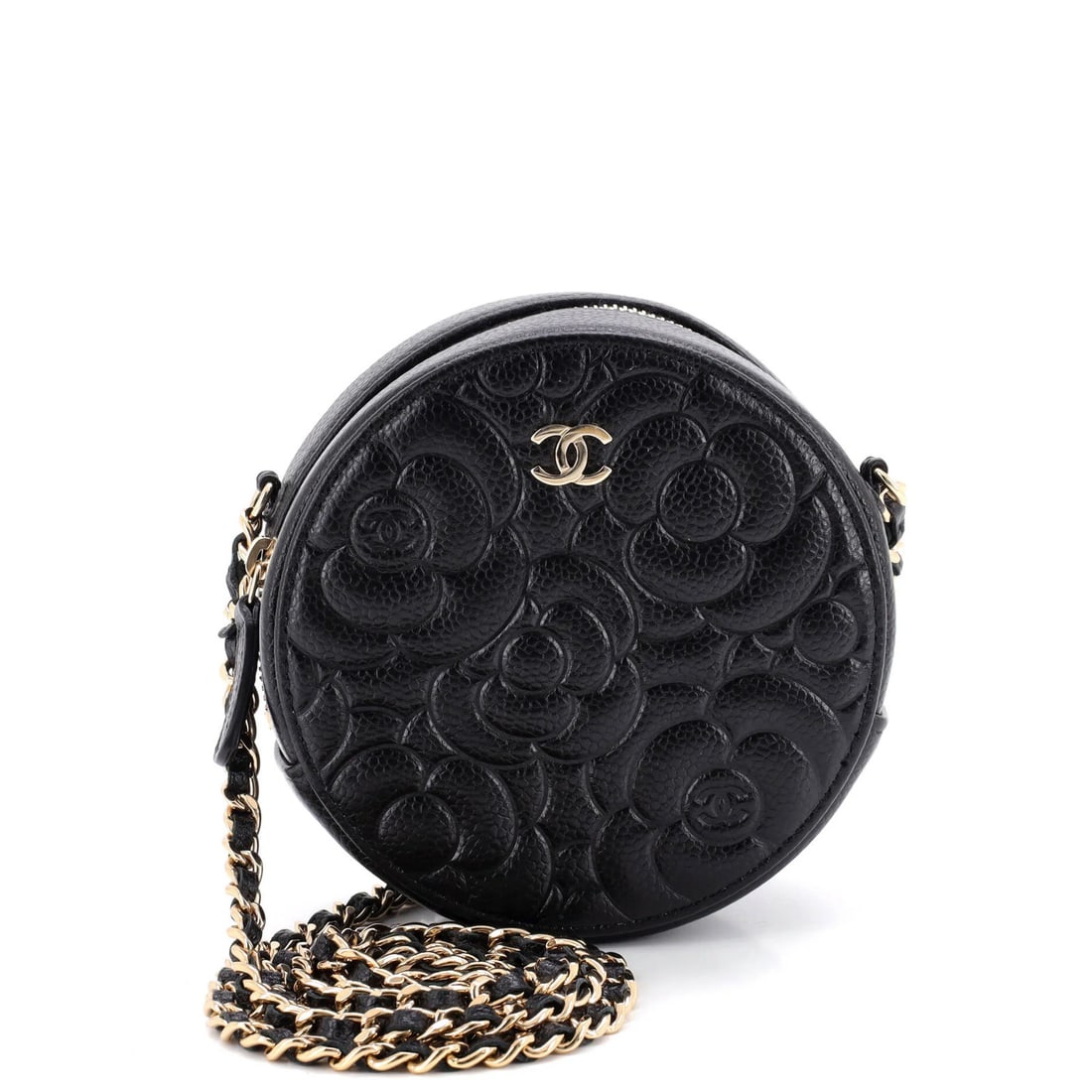 Chanel Clutch Round with Camellia Caviar Mini Chain: Chanel Clutch Round with Camellia Caviar Mini Chain Black leather Chanel round clutch with a chain and camellia caviar detail, featuring a 5" diameter and 5" long chain. The exterior shows signs of we