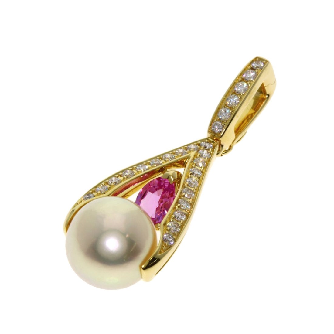 K18 Yellow Gold Pearl Pendant with Diamond Sapphire: K18 Yellow Gold Pearl Pendant with Diamond Sapphire K18 Yellow Gold Pearl Pendant with Diamond Sapphire. This elegant pendant showcases a stunning pearl, set in K18 yellow gold, with a diamond