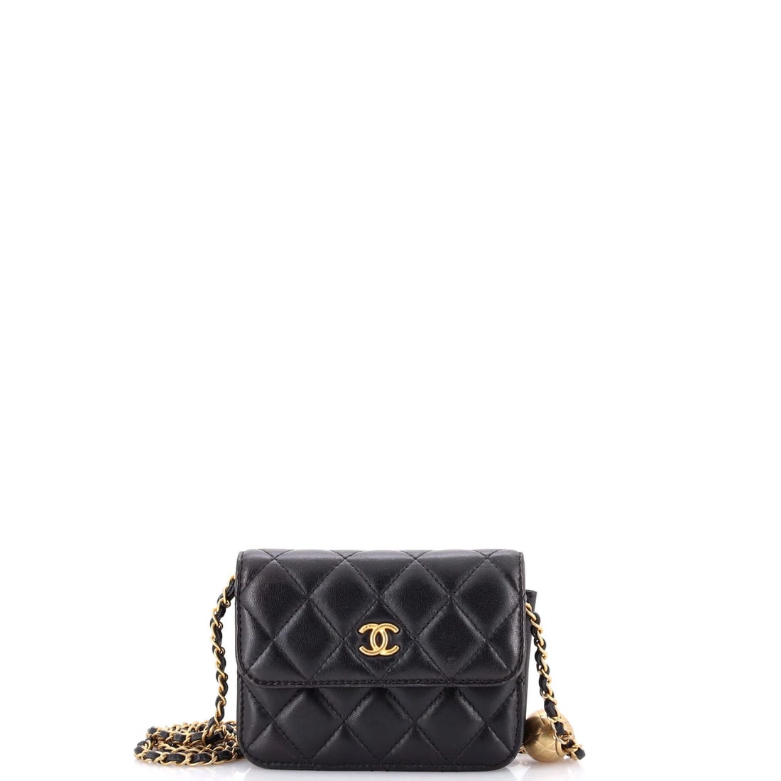 Pearl Crush Flap Clutch with Chain Quilted Lambskin: Pearl Crush Flap Clutch with Chain Quilted Lambskin The Pearl Crush Flap Clutch with Chain Quilted Lambskin is a stylish mini cross-body bag featuring black leather exterior and neutral interior. Its