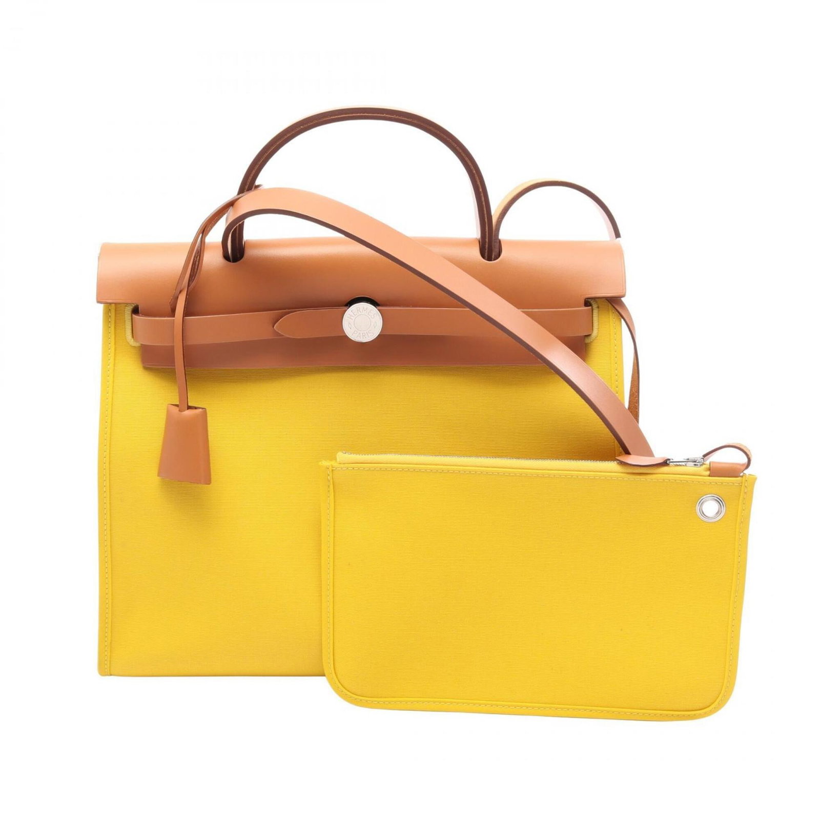 Handbag Toile Hermes Officier: Handbag Toile Hermes Officier Toile Officier handbag from Hermes, featuring a classic design with a signature on the interior. Made from high-quality materials, this brown and yellow handbag measures