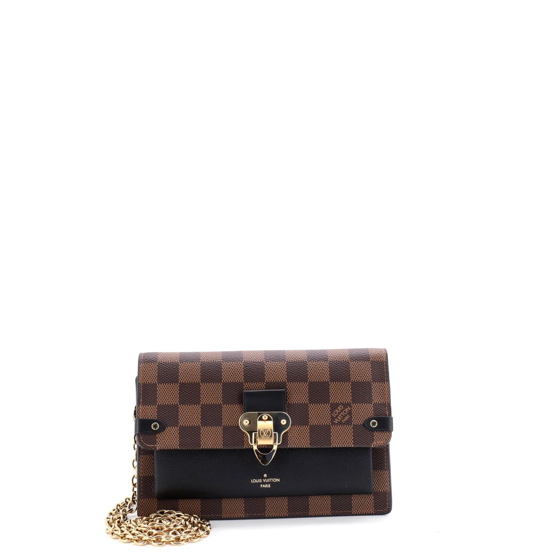 Damier Leather NM Chain Wallet Vavin with Louis Vuitton: Damier Leather NM Chain Wallet Vavin with Louis Vuitton Black Damier leather chain wallet with Louis Vuitton's Vavin design, featuring canvas-coated leather exterior and microfiber interior. This