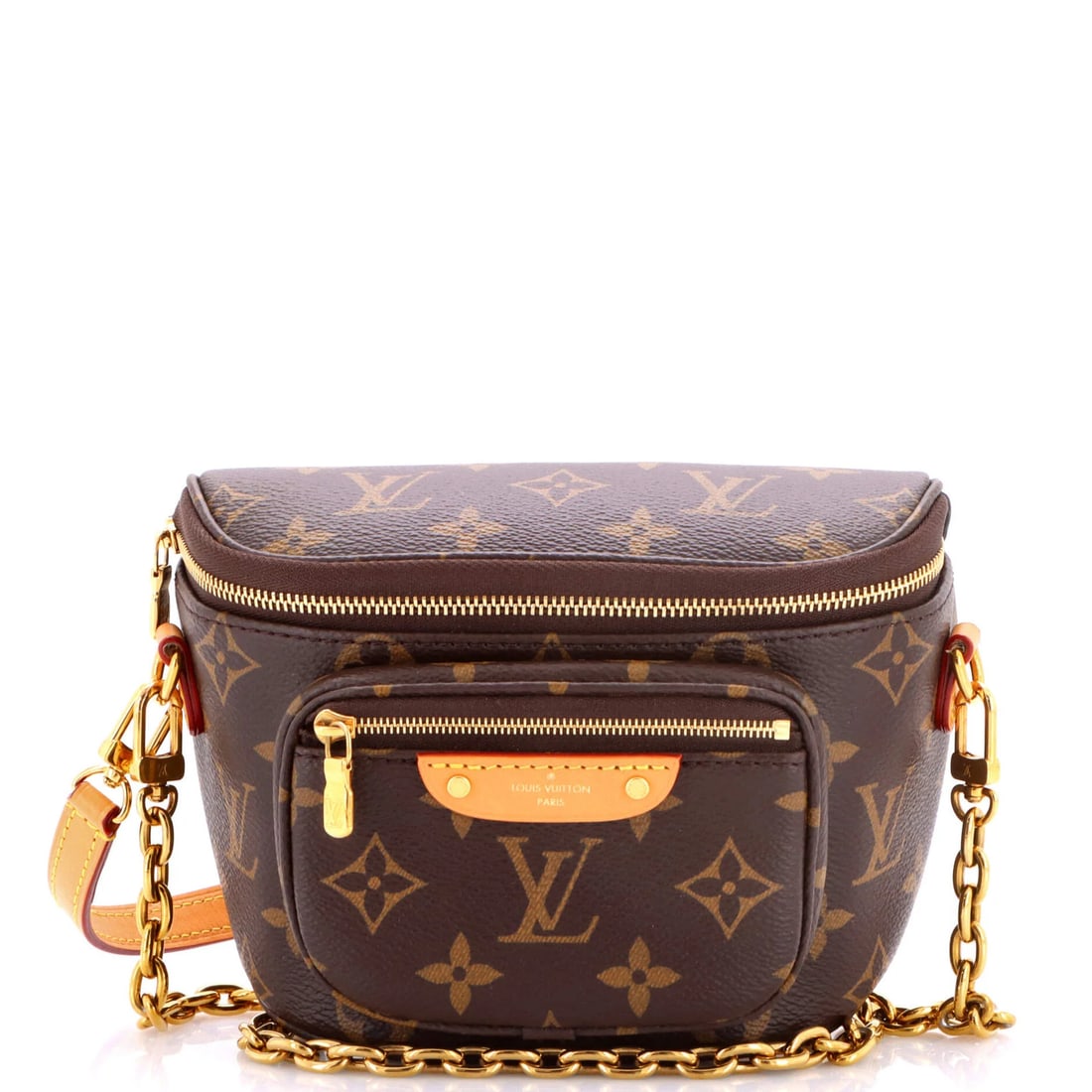 Mini Canvas Monogram Bum Bag Louis Vuitton: Mini Canvas Monogram Bum Bag Louis Vuitton Mini Canvas Monogram Bum Bag in Brown with Gold Hardware, featuring a classic Louis Vuitton design and a durable canvas coated exterior. The bag measures 5"