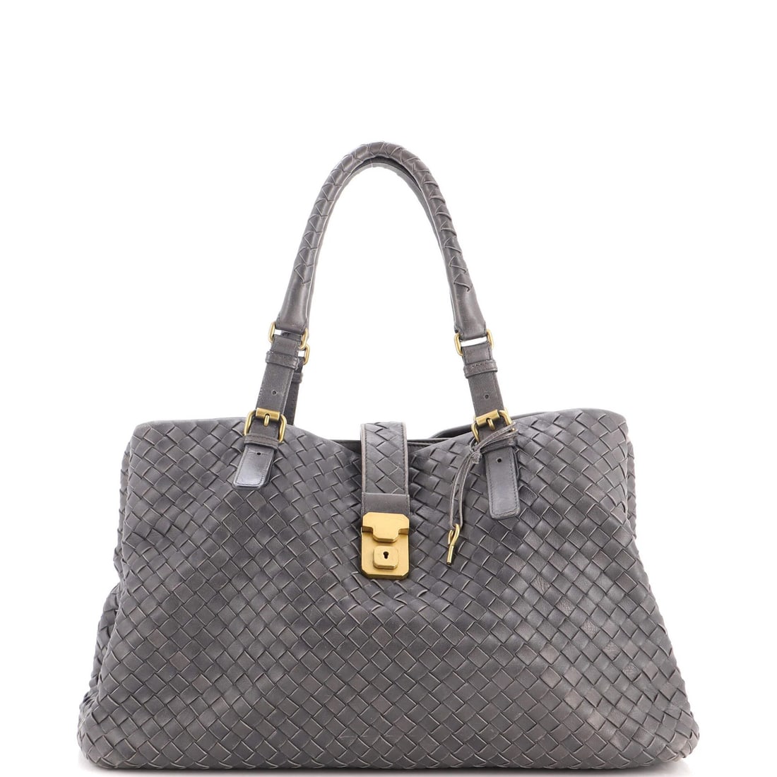 Bottega Veneta Roma Bag Intrecciato Nappa Medium: Bottega Veneta Roma Bag Intrecciato Nappa Medium The Bottega Veneta Roma Bag Intrecciato Nappa Medium features a timeless design with a medium size and classic gray exterior. The bag's exterior shows