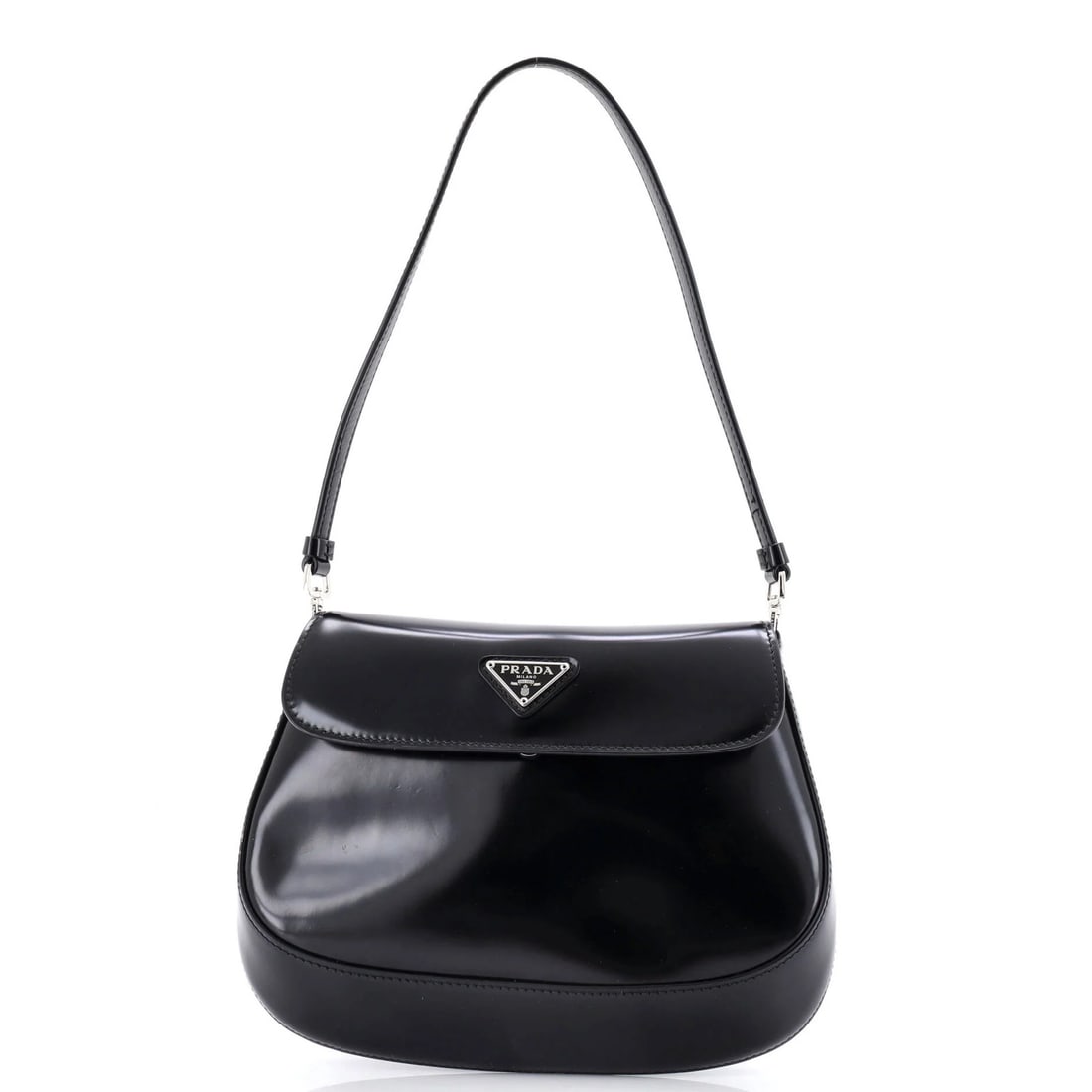 Spazzolato leather Cleo flap bag small shoulder Prada: Spazzolato leather Cleo flap bag small shoulder Prada Small Spazzolato Leather Cleo Flap Shoulder Bag in Black from Prada. This small shoulder bag features a classic Prada design with a flap closure