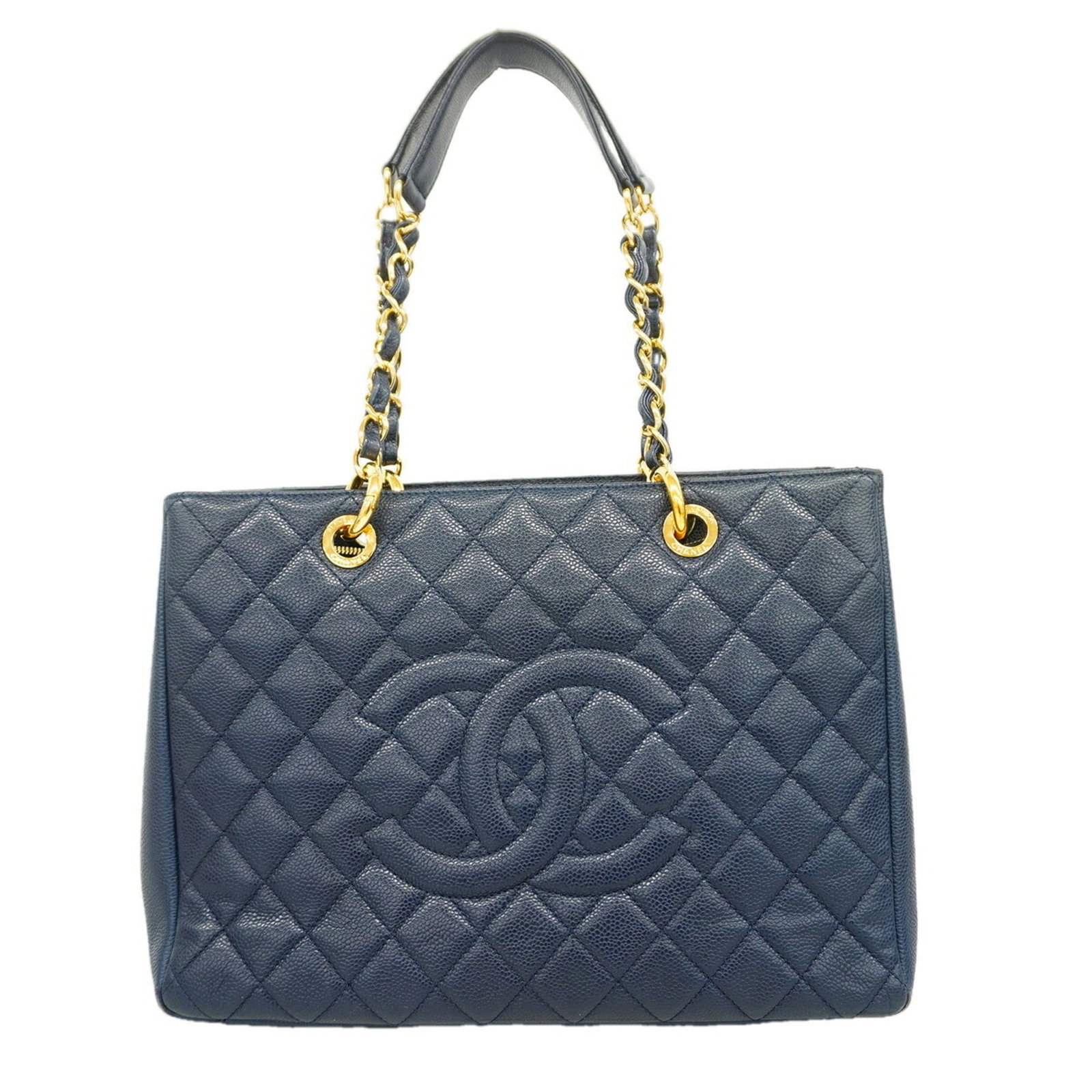 Calfskin Tote Bag Chanel: Calfskin Tote Bag Chanel Calfskin Tote Bag from Chanel features a classic navy color and gold hardware, adding a touch of sophistication to any outfit. Made from high-quality grained calfskin, this