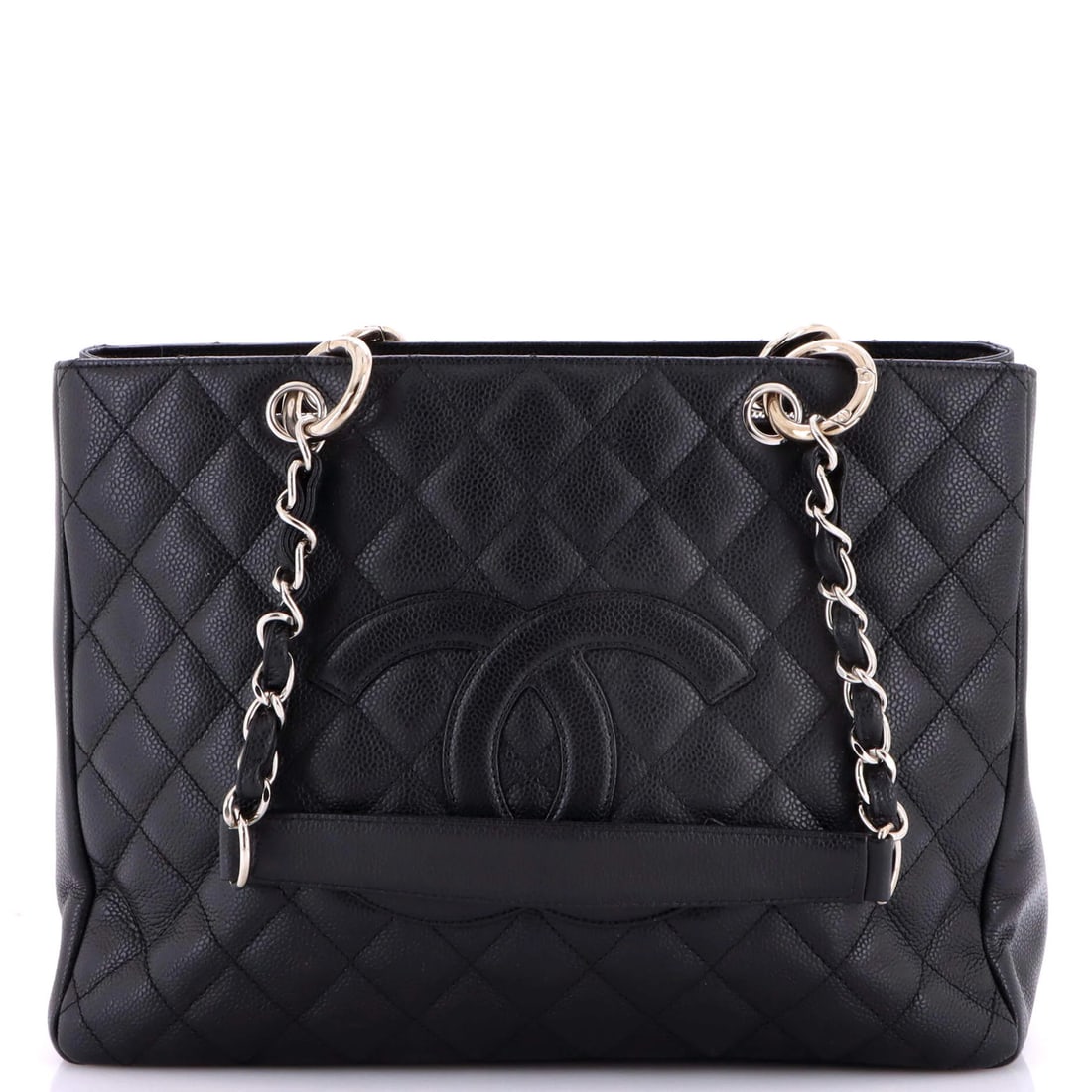 Caviar Quilted Shopping Tote Chanel: Caviar Quilted Shopping Tote Chanel Black quilted caviar leather Chanel shopping tote with silver hardware, measuring 9.5" high and 13" wide, features a classic grand shopping tote design. The exterio