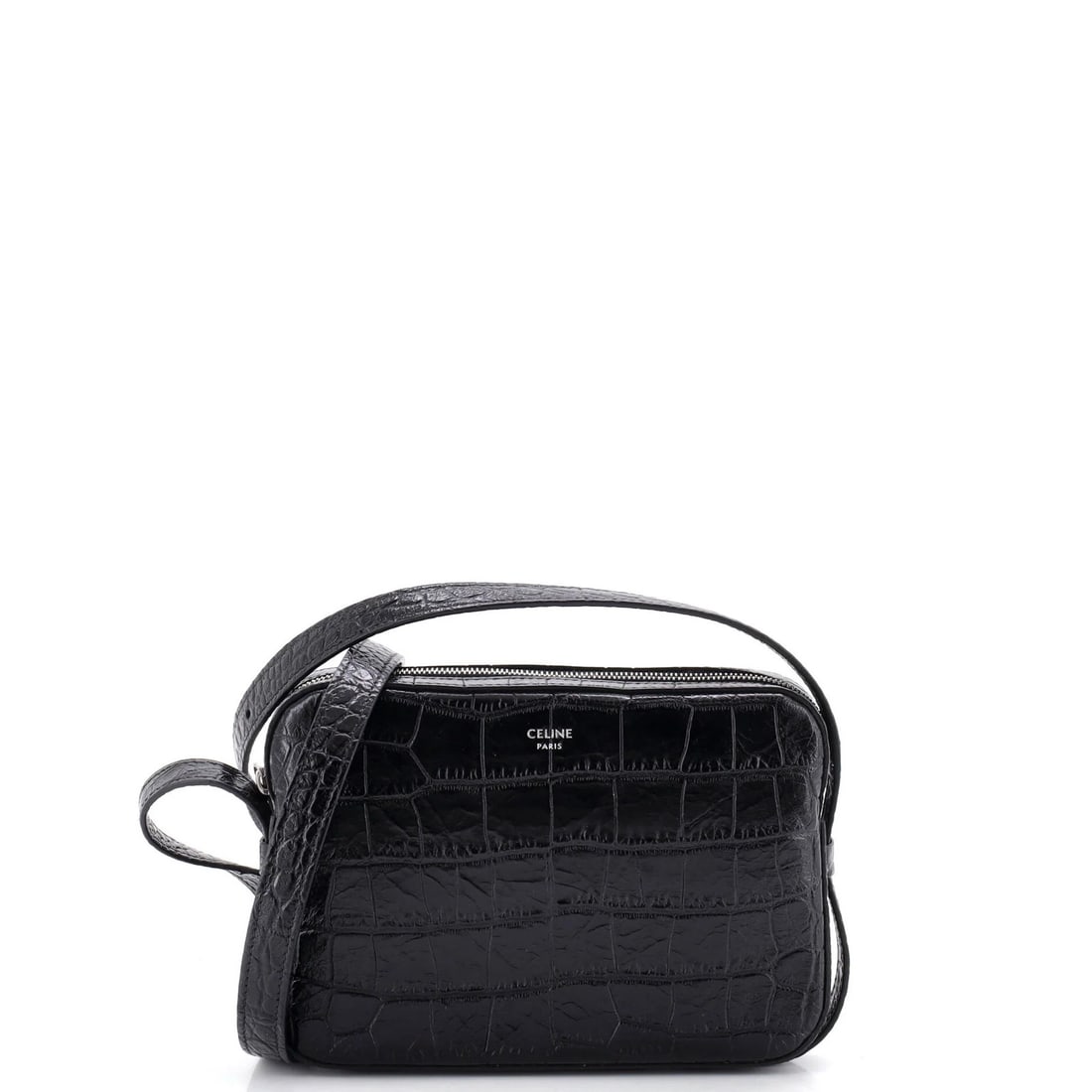 Crocodile Leather Embossed Mini Phone Pouch Horizontal: Crocodile Leather Embossed Mini Phone Pouch Horizontal Black Crocodile Embossed Leather Mini Phone Pouch with Silver Hardware, featuring a horizontal design and a compact size of 4.5" x 6.5" x 1.5". T