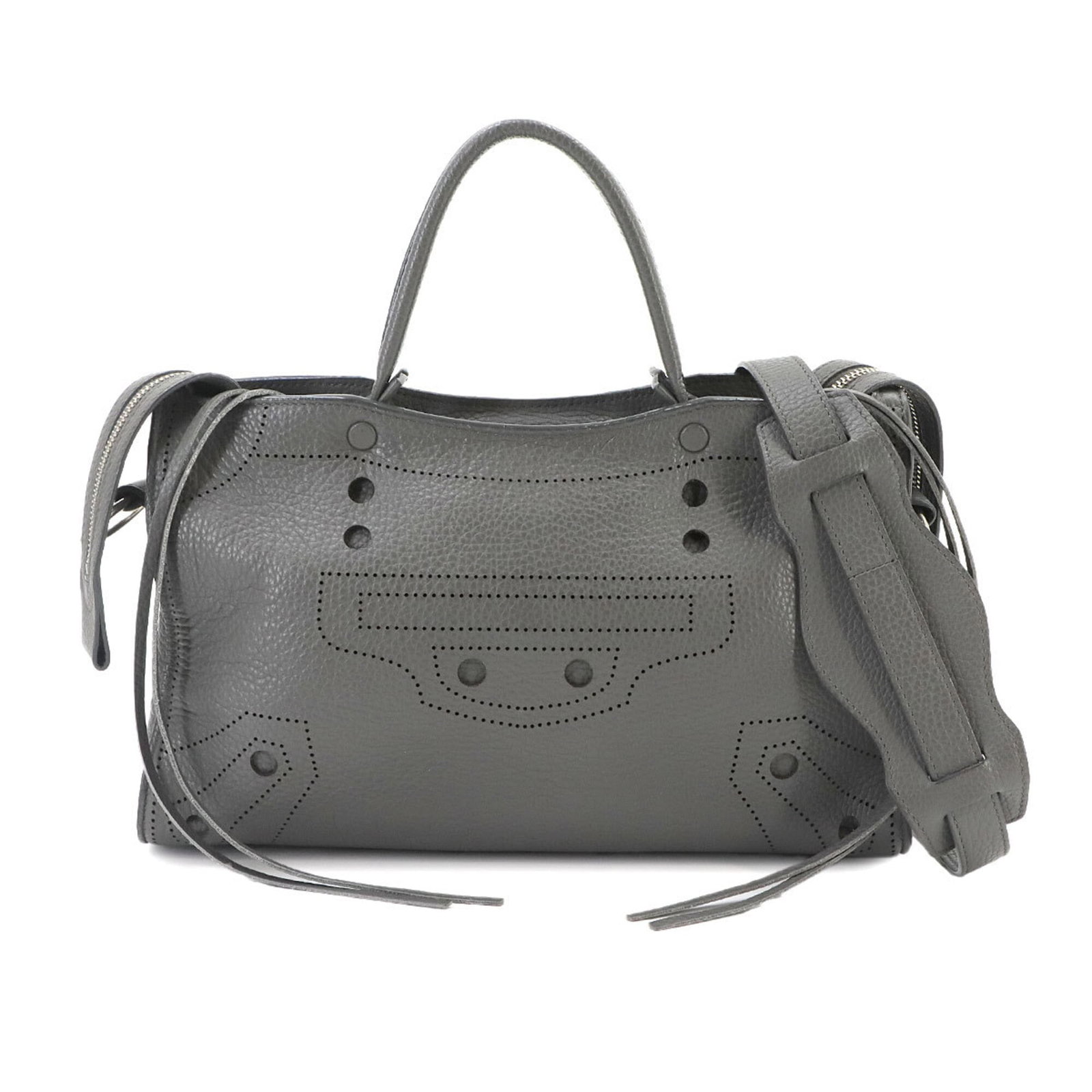 Handbag Leather Balenciaga: Handbag Leather Balenciaga This Italian-made Balenciaga handbag features a sleek gray leather design with a compact size, measuring 18cm x 30cm x 10.5cm. The bag's classic style and durable leather