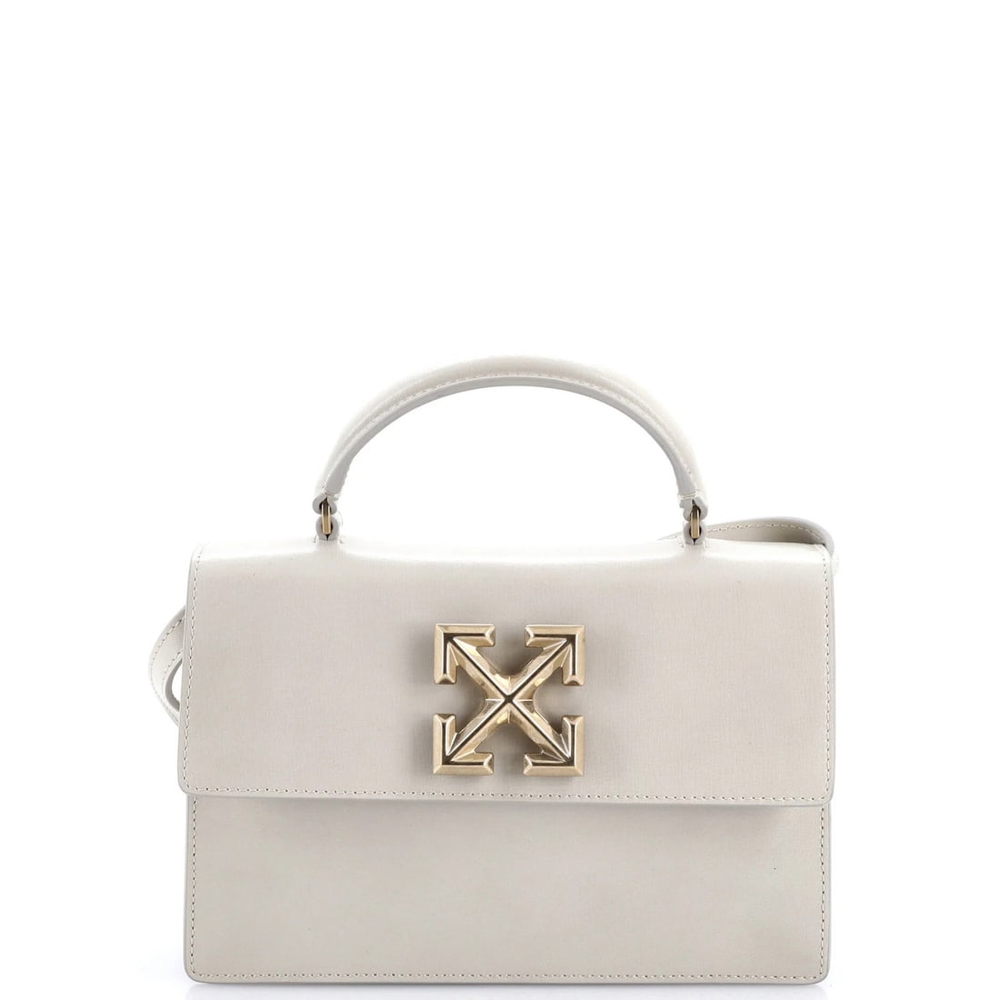 Off White Jitney 1.4 Bag Leather: Off White Jitney 1.4 Bag Leather Neutral-colored leather exterior with subtle edge wear and minor scuffs. The interior features a bold red lining, adding a pop of contrast to the overall design. This