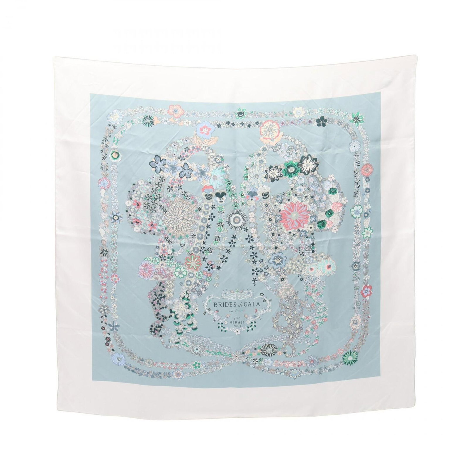 Silk Hermes Scarf: Silk Hermes Scarf Silk from the iconic French fashion house, this 89cm x 89cm blue, multi-color, and white silk scarf is a stunning addition to any wardrobe. Made from high-quality silk, its vibrant c