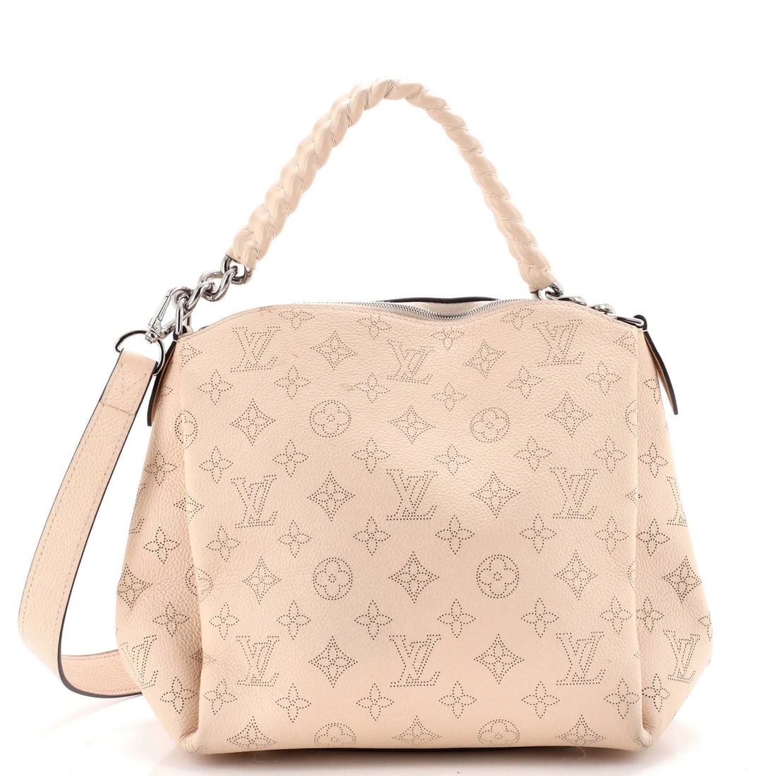Handbag Mahina Leather Louis Vuitton Babylone: Handbag Mahina Leather Louis Vuitton Babylone Heavy corner wear, scuffs, edge wear, and minor creases characterize this Louis Vuitton Babylone Handbag Mahina Leather BB, a neutral-colored exterior