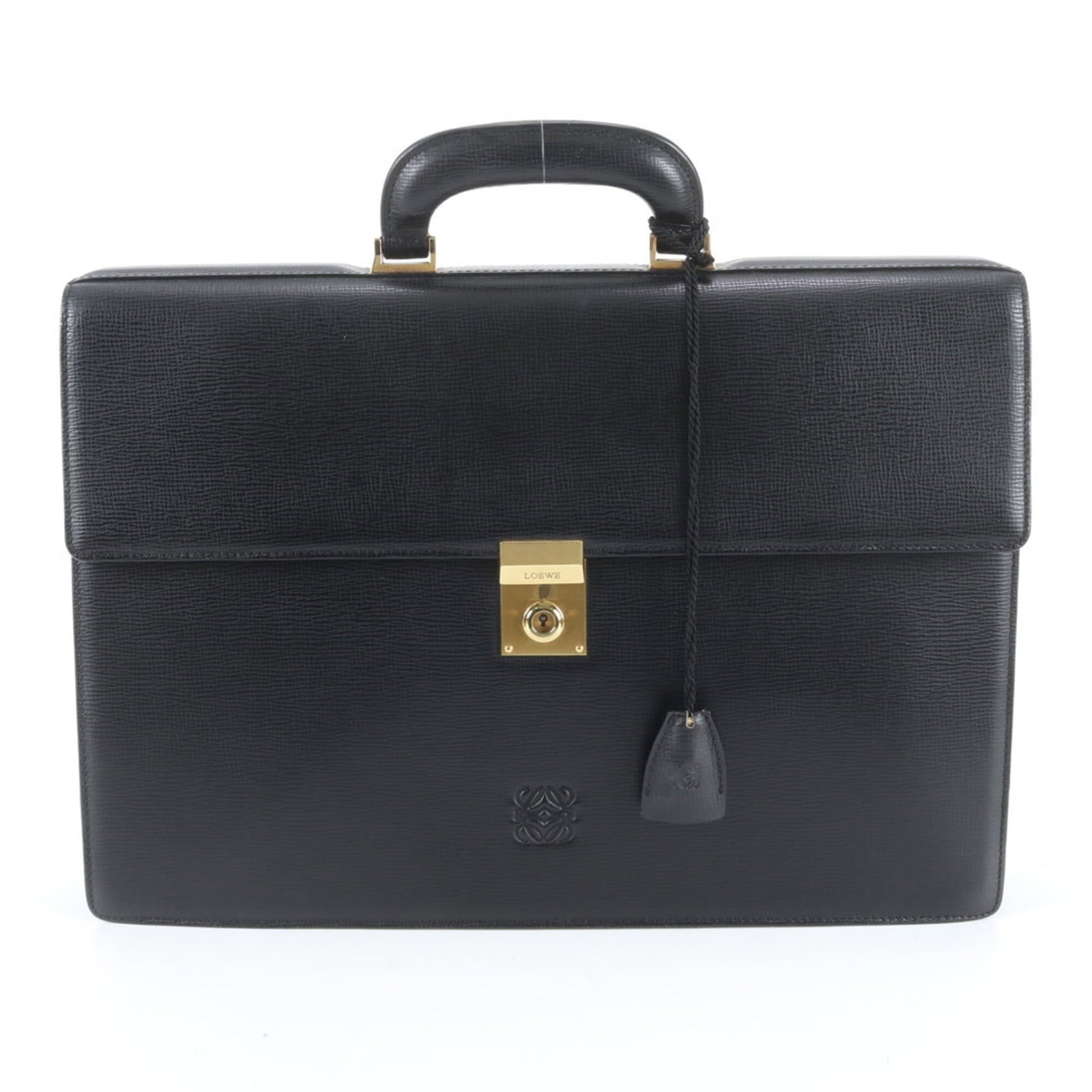 Briefcase Tote Bag Leather Loewe: Briefcase Tote Bag Leather Loewe Black Leather Loewe Briefcase Tote Bag. Made from high-quality leather, this bag features a classic design with a 19cm x 42cm x 5cm size. The bag's sleek black color