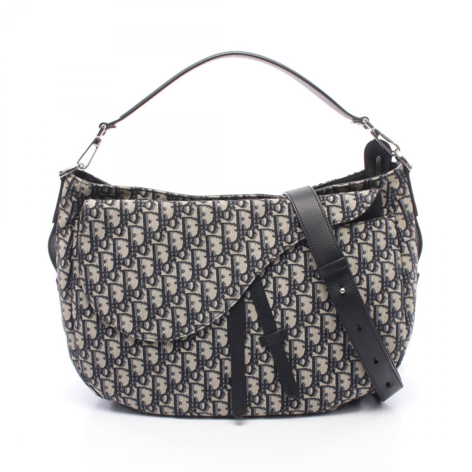 Handbag Canvas Leather Saddle Shoulder Dior Christian: Handbag Canvas Leather Saddle Shoulder Dior Christian Canvas and leather combine in this stylish Christian Dior shoulder bag, featuring a classic saddle design with a beige and navy color scheme. The 