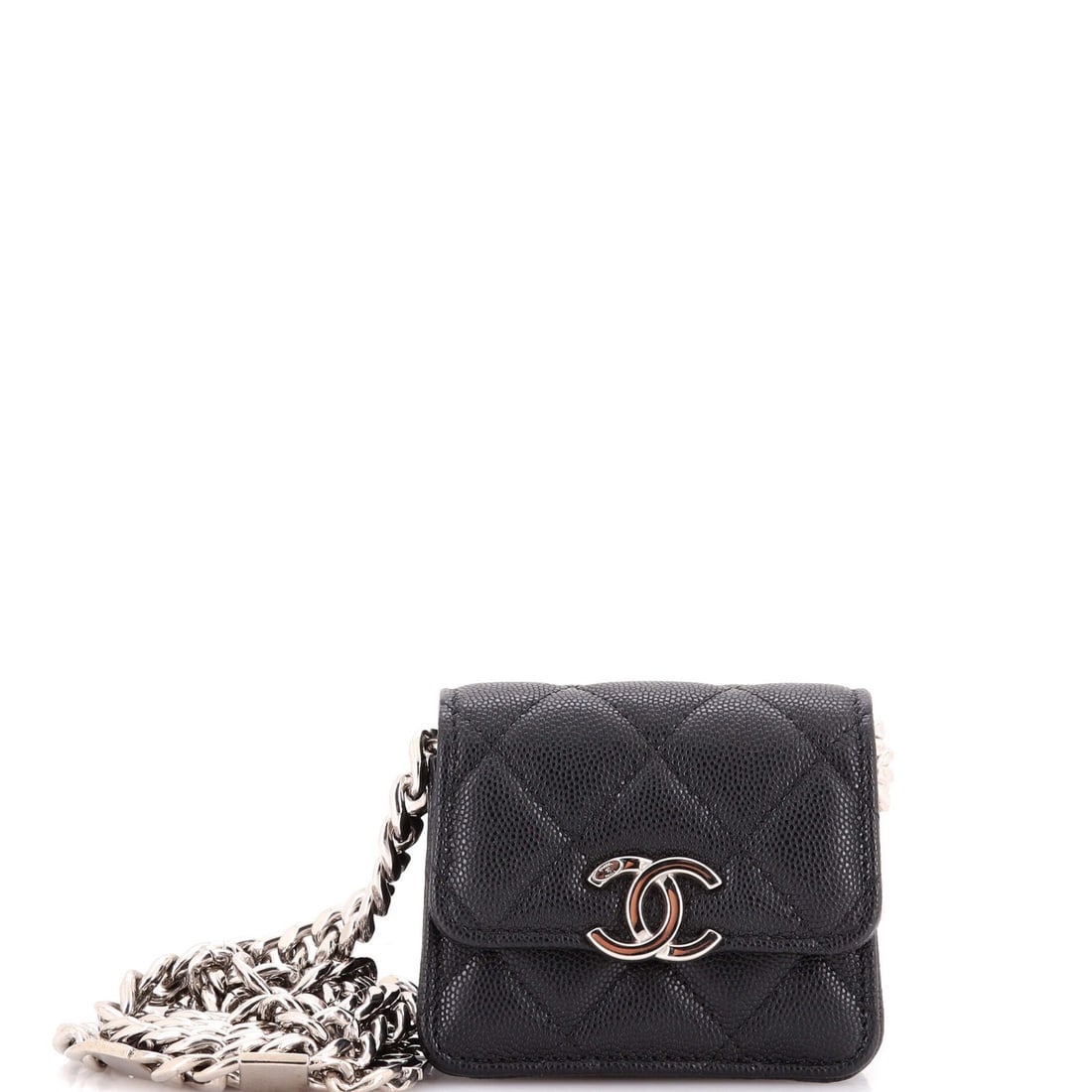 Coco Chanel Strap Enamel Flap Clutch with Chain Mini Quilted Caviar: Coco Chanel Strap Enamel Flap Clutch with Chain Mini Quilted Caviar Coco Chanel's iconic strap enamel flap clutch is a timeless design. This mini quilted caviar clutch features a sleek black leather e