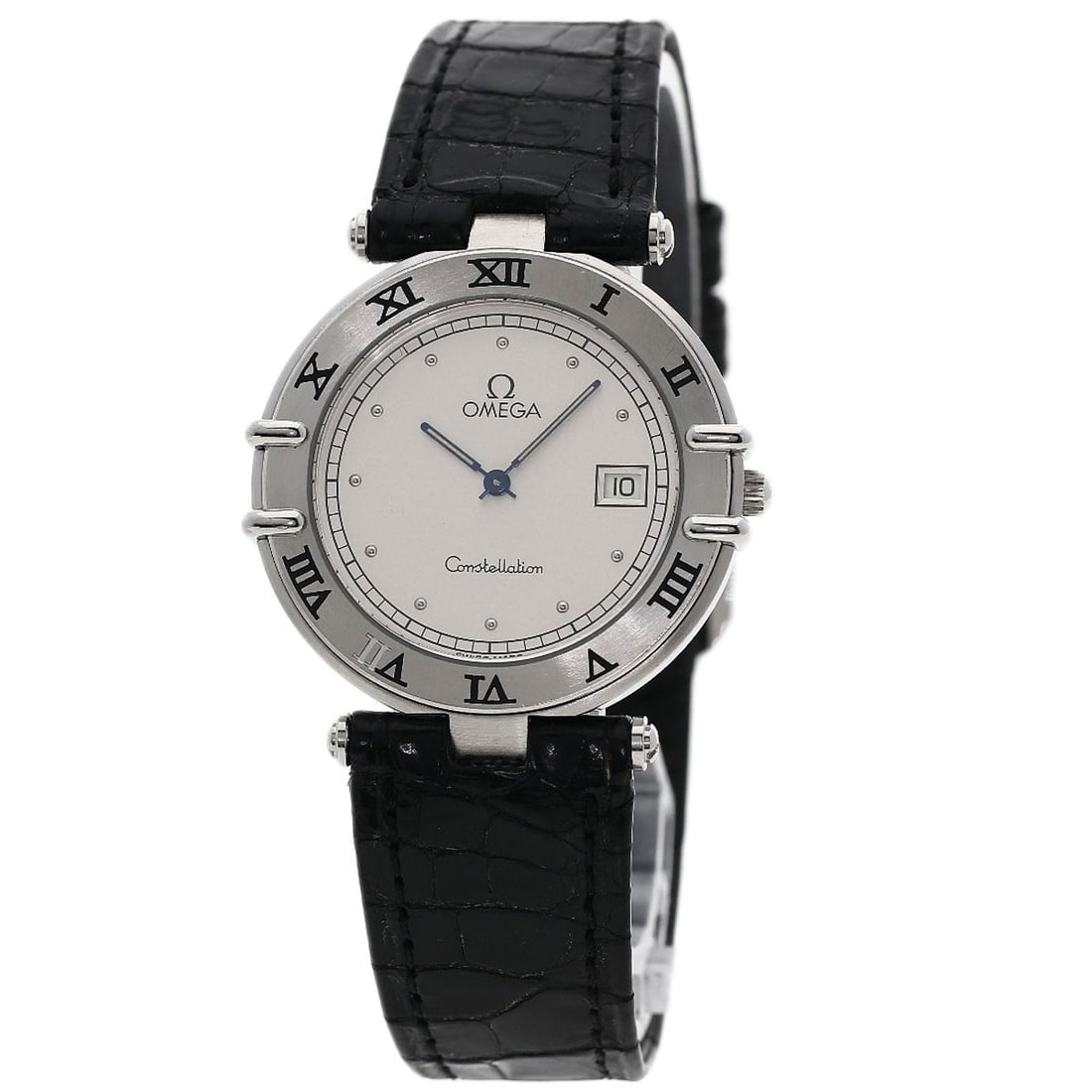 Constellation Omega Flat Stainless Steel Leather Watches: Constellation Omega Flat Stainless Steel Leather Watches Stainless steel and silver leather come together in this sleek 32mm Omega Style watch, featuring an analog display and quartz movement. The ope