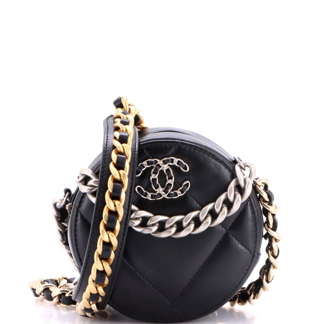 Round Clutch Quilted Leather with Chain 19 Chanel: Round Clutch Quilted Leather with Chain 19 Chanel This 19 Chanel round clutch features a sleek, quilted leather exterior in black, paired with a striking red interior. The chain strap adds a touch of