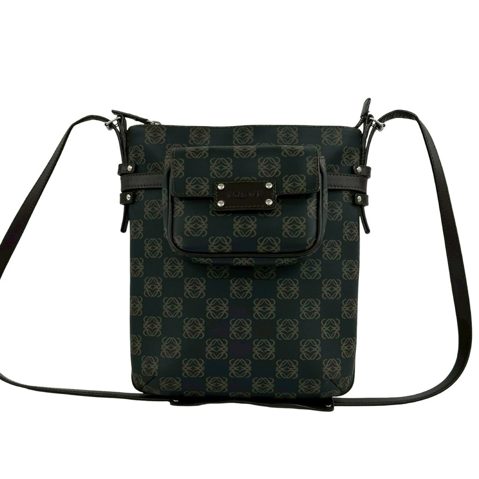Pochette Leather Shoulder Bag Loewe: Pochette Leather Shoulder Bag Loewe Loewe's Pochette Leather Shoulder Bag is a timeless design, featuring high-quality leather and PVC materials in a rich brown color. With its compact 28cm x 25cm dim