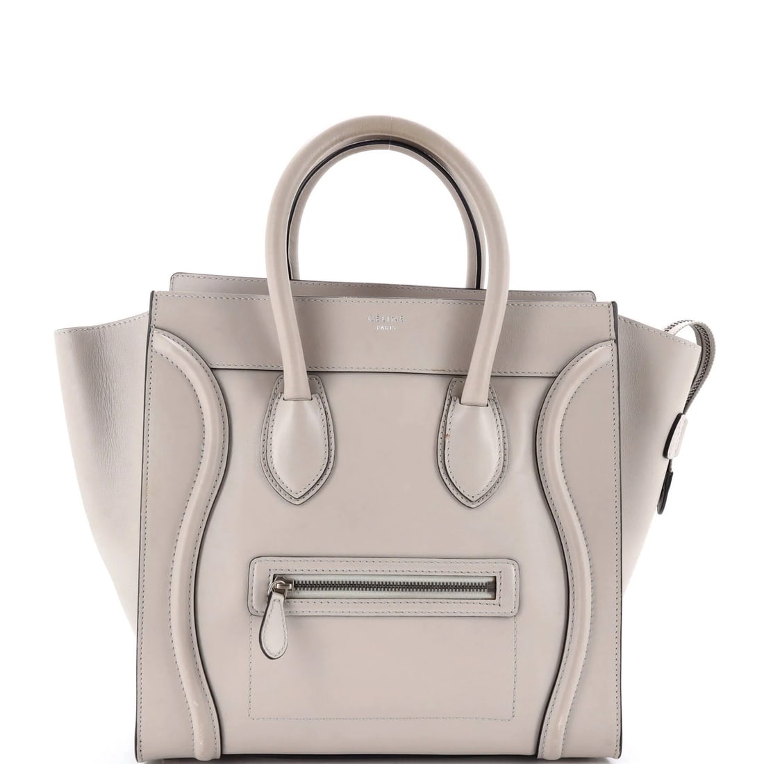 Luggage Bag Smooth Leather Mini Celine: Luggage Bag Smooth Leather Mini Celine Gray leather mini Celine luggage bag with smooth exterior, featuring a classic tote style and aged silver hardware. The bag has a subtle wear and tear, with