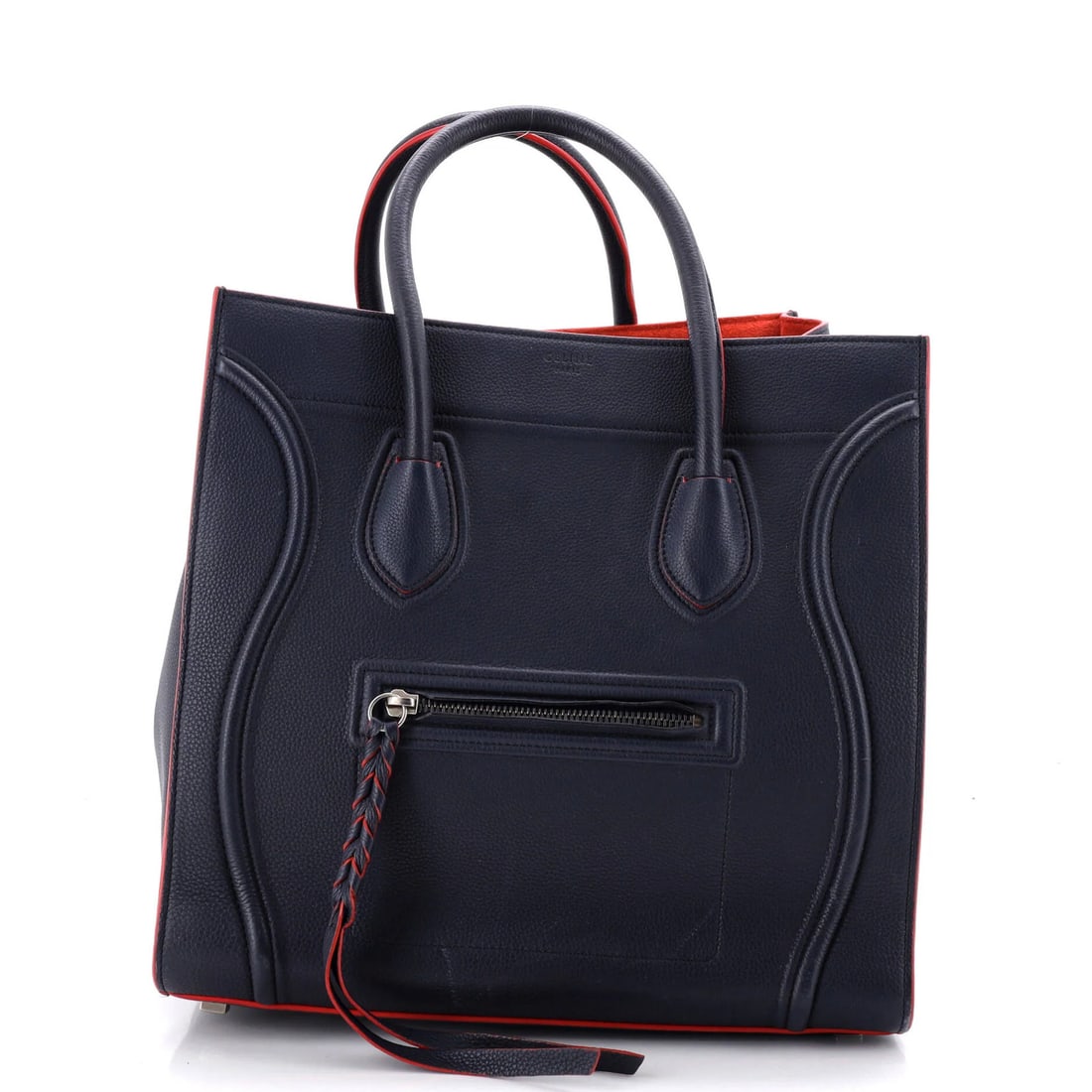 Leather Grainy Mini Luggage Bag Celine: Leather Grainy Mini Luggage Bag Celine Blue grainy leather mini luggage bag with silver hardware, featuring a 12" x 12" x 6.5" interior and 5.5" handle drop, available in great condition with minor
