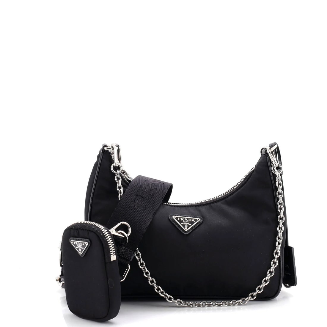 Re Edition Small Prada 2005 Bag Tessuto Shoulder: Re Edition Small Prada 2005 Bag Tessuto Shoulder Small Re Edition Prada 2005 Bag in Black Nylon, featuring a cross body design with a tessuto interior and silver hardware. This 2005 re-edition Prada s