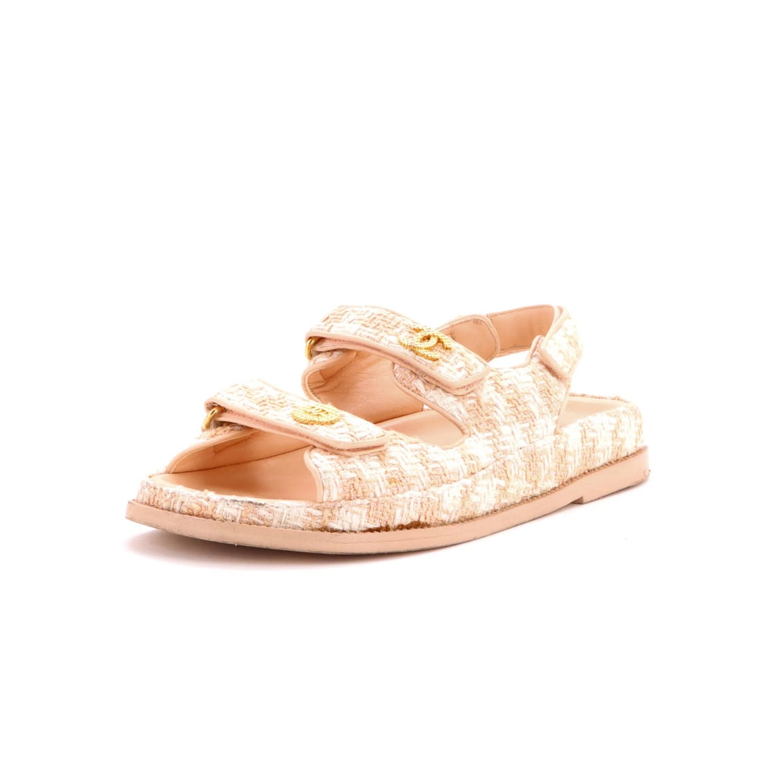 Chanel Women's Dad Sandals Tweed: Chanel Women's Dad Sandals Tweed Tweed upper adds a unique touch to these neutral-colored dad sandals, a classic style from Chanel. The interior features leather, while gold hardware adds a touch of