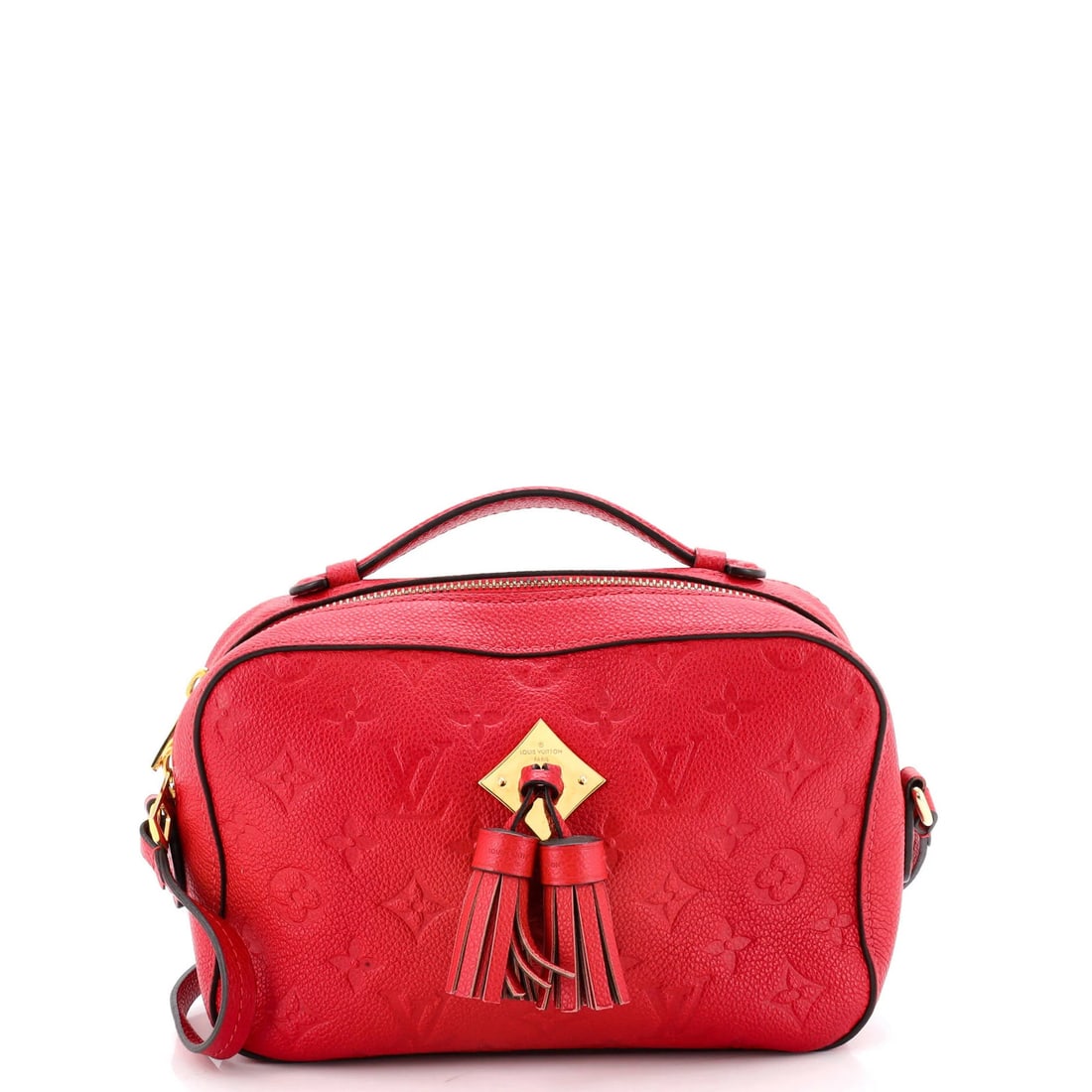 Saintonge Handbag Monogram Leather Empreinte Louis Vuitton: Saintonge Handbag Monogram Leather Empreinte Louis Vuitton The Saintonge Handbag Monogram Leather Empreinte Louis Vuitton is a bold, red cross body bag with a distinctive monogram pattern. Measuring