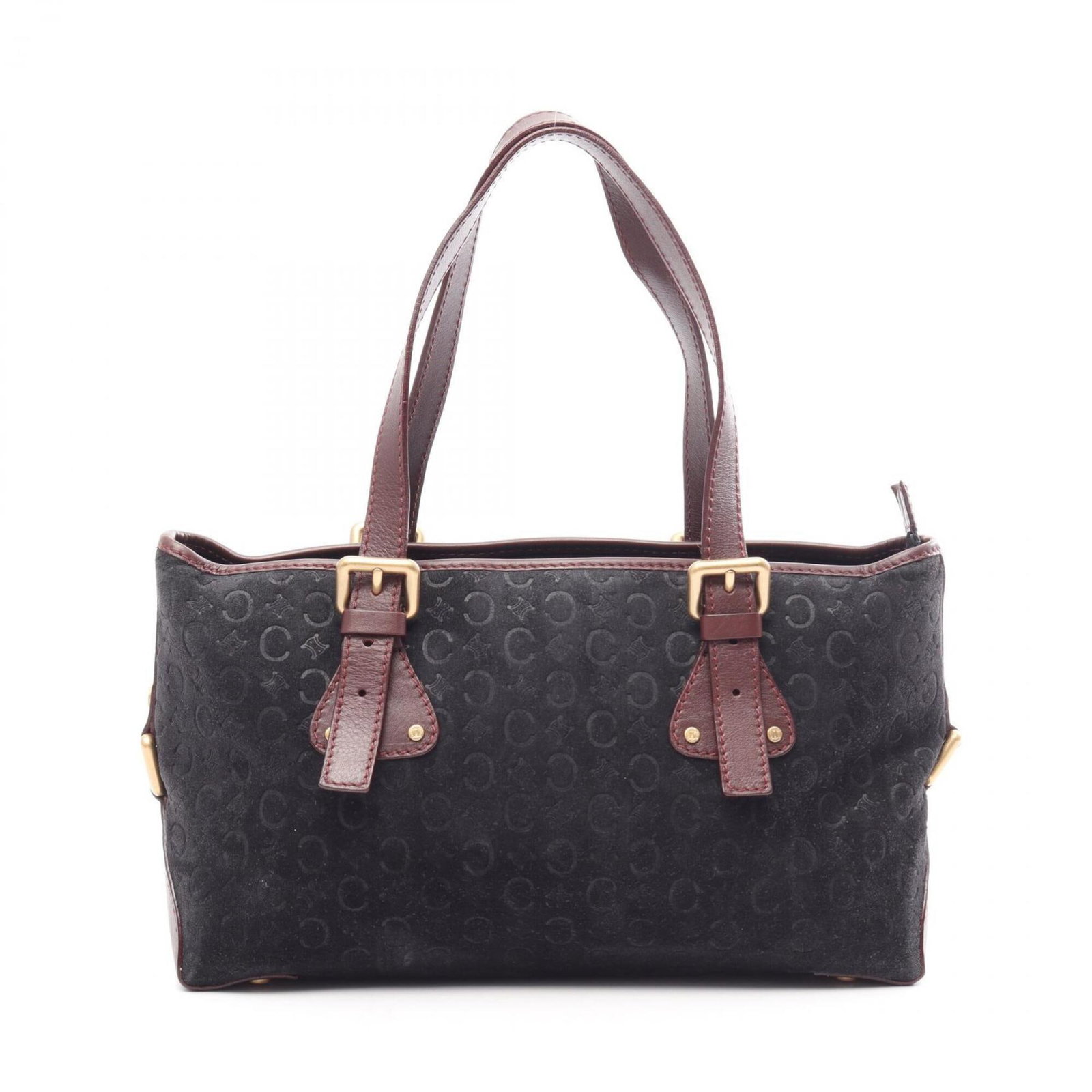 Celine leather suede handbag: Celine leather suede handbag Suede and leather come together in a sleek black handbag from Celine, featuring a Bordeaux accent and a compact 17cm x 30cm x 11cm design. The bag's luxurious feel and