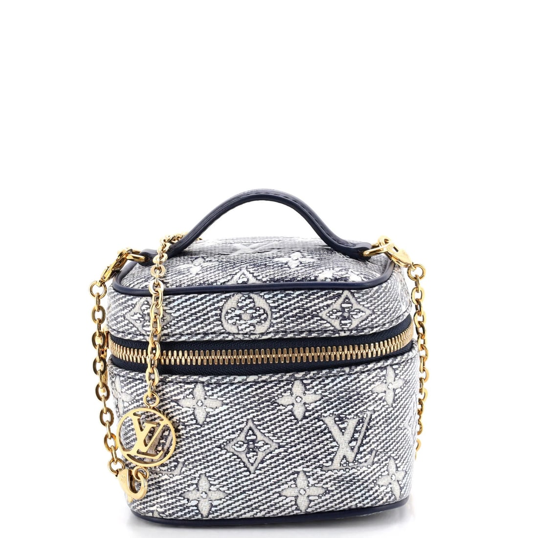 Jacquard Canvas Monoglam Louis Vuitton Vanity Case: Jacquard Canvas Monoglam Louis Vuitton Vanity Case Micro Monoglam Louis Vuitton Vanity Case in Blue features a unique Jacquard canvas exterior with a gold-toned handle, showcasing a stylish and