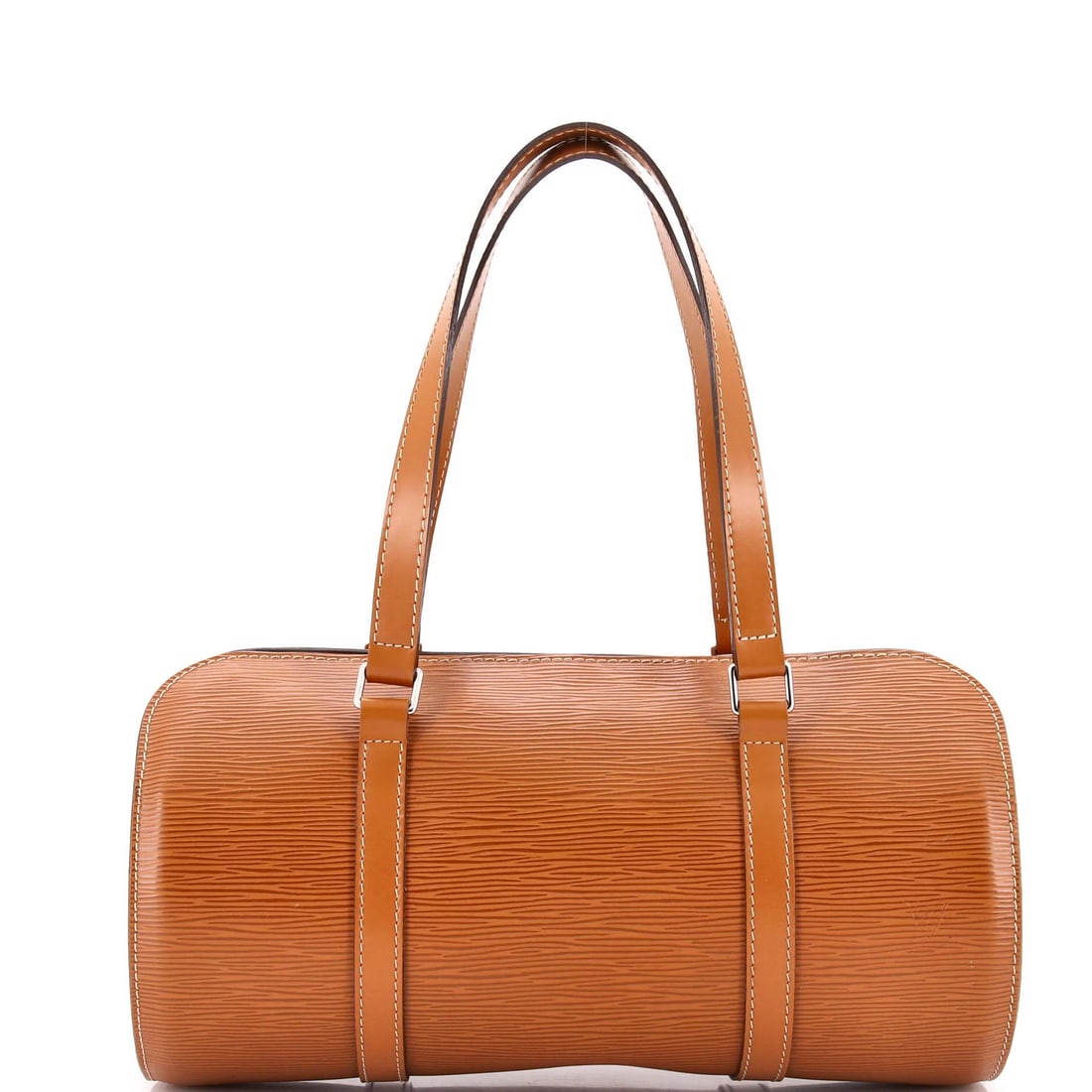 Handbag Epi Leather Louis Vuitton Soufflot: Handbag Epi Leather Louis Vuitton Soufflot Bowler style bag with Epi Leather exterior in brown, featuring gold hardware and a signature. This Louis Vuitton Soufflot handbag measures 7" in handle