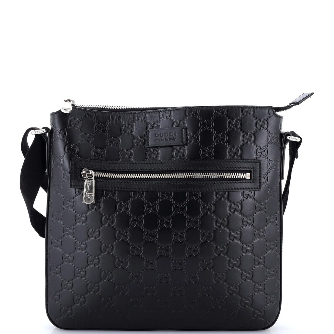 Gucci Signature Zip Messenger Bag Guccissima Leather Medium: Gucci Signature Zip Messenger Bag Guccissima Leather Medium Black Gucci Signature Zip Messenger Bag with Guccissima Leather Medium measures 11" height, 11" width, and 1" depth, featuring a 24" strap
