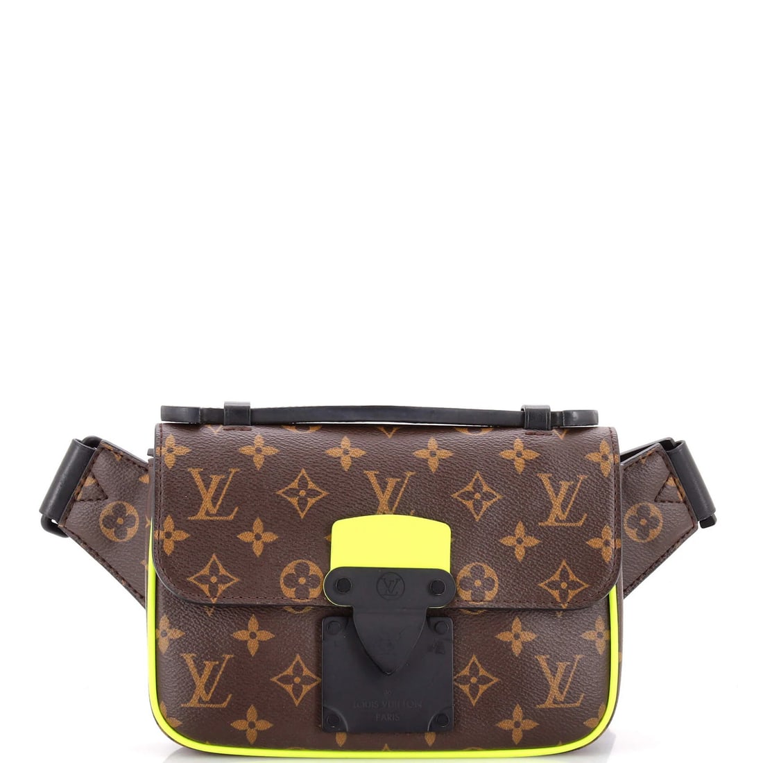 S Lock Sling Bag Louis Vuitton Macassar Monogram Canvas: S Lock Sling Bag Louis Vuitton Macassar Monogram Canvas Yellow Louis Vuitton S Lock Sling Bag with Macassar Monogram Canvas exterior, featuring minor scuffs, creases, and cracks. The bag measures 6"