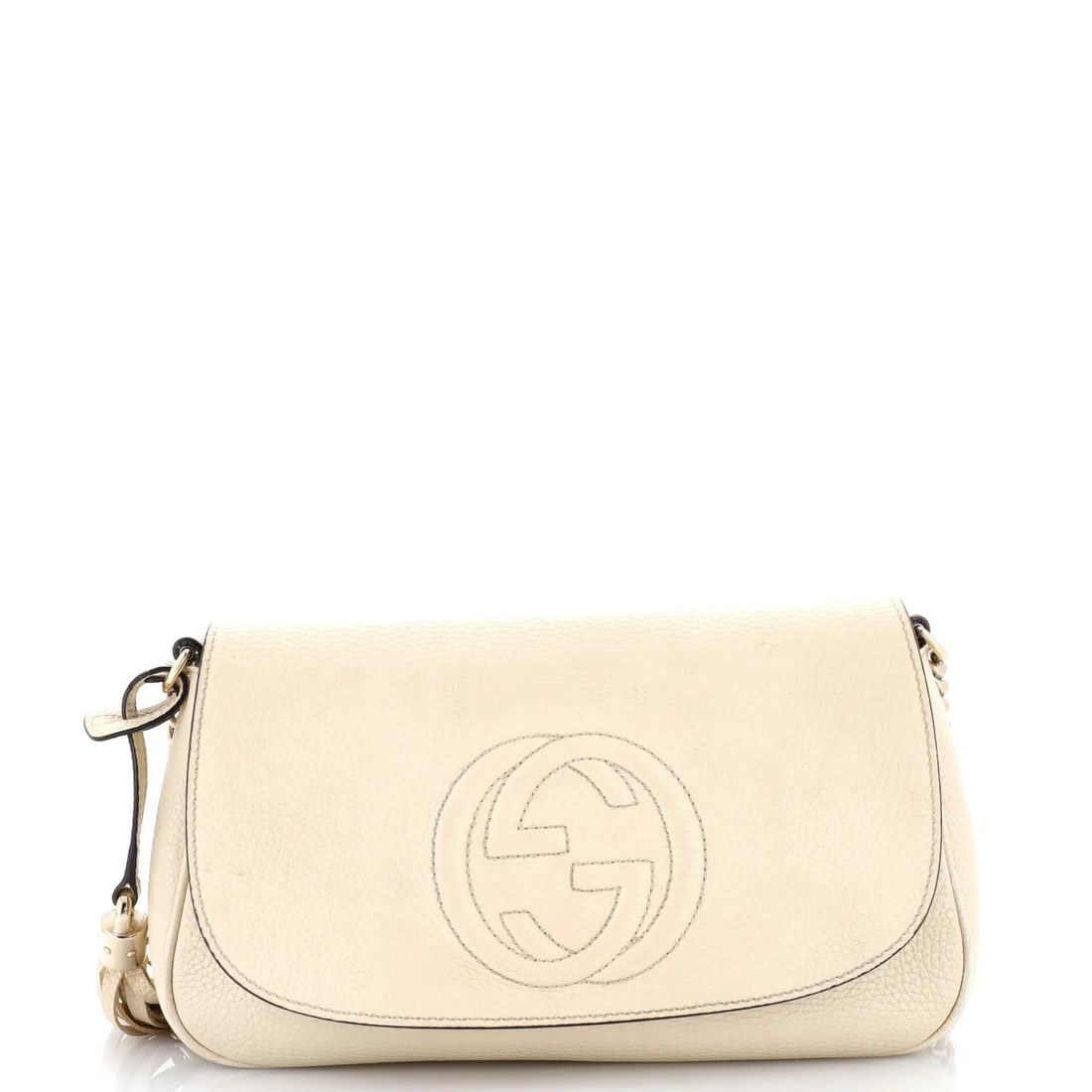 Gucci Medium Leather Chain Crossbody Bag Soho: Gucci Medium Leather Chain Crossbody Bag Soho The Gucci Medium Leather Chain Crossbody Bag Soho boasts a neutral exterior with repainted edges, cracking, and minor scuffs, giving it a worn, edgy
