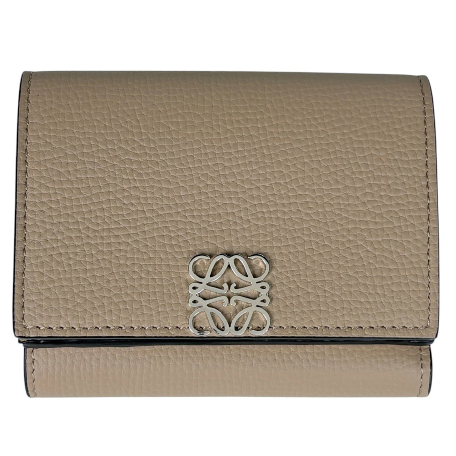 Loewe Wallet (Tri-Fold) Leather: Loewe Wallet (Tri-Fold) Leather Tri-fold leather wallet from Loewe, featuring a sleek grayish design with a compact 8cm x 10cm x 3.5cm size. This stylish wallet is made from high-quality leather,