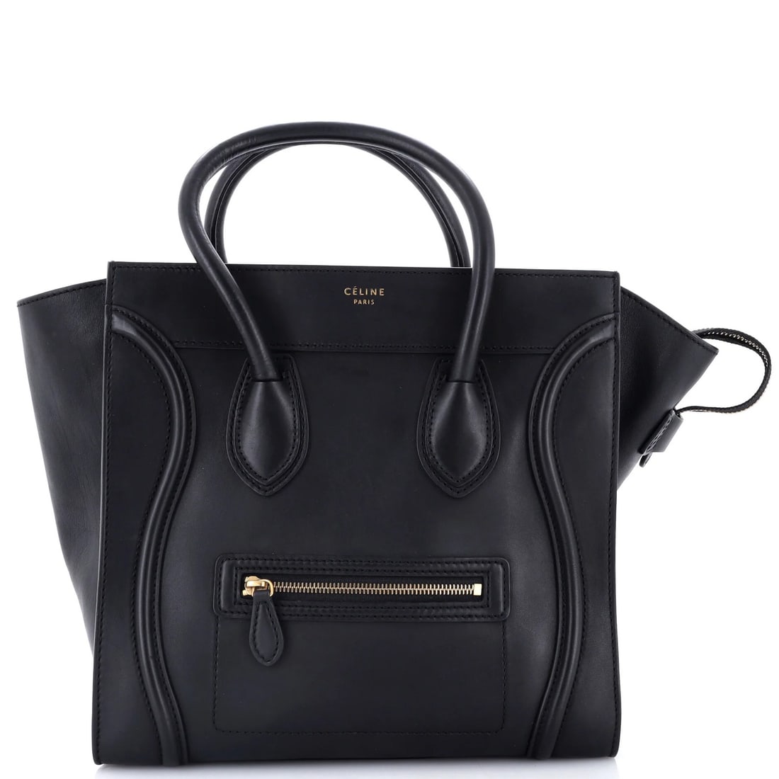 Luggage Bag Smooth Leather Mini Celine: Luggage Bag Smooth Leather Mini Celine Black leather mini Celine luggage bag with smooth exterior, featuring aged gold hardware and a classic design. The bag has a rich, worn look with heavy corner