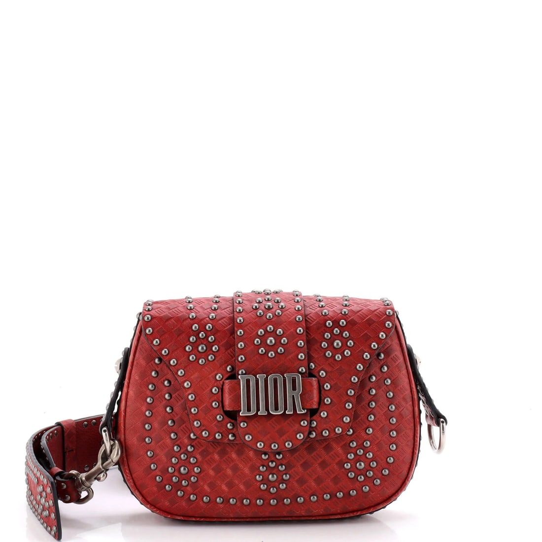 Christian Dior D Fence Saddle Bag Studded Leather Small: Christian Dior D Fence Saddle Bag Studded Leather Small The Christian Dior D Fence Saddle Bag Studded Leather Small is a striking cross body bag featuring scuffed, edge-worn exterior and minor