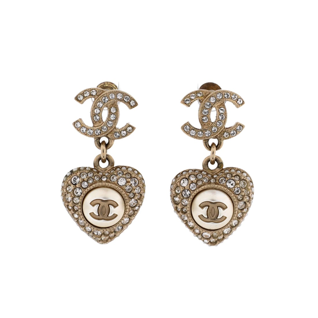 Chanel CC Heart Drop Earrings Metal with Faux Pearls and Crystals: Chanel CC Heart Drop Earrings Metal with Faux Pearls and Crystals The CC Heart Drop Earrings Metal with Faux Pearls and Crystals are a stunning gold metal pair adorned with crystal and faux pearl acce