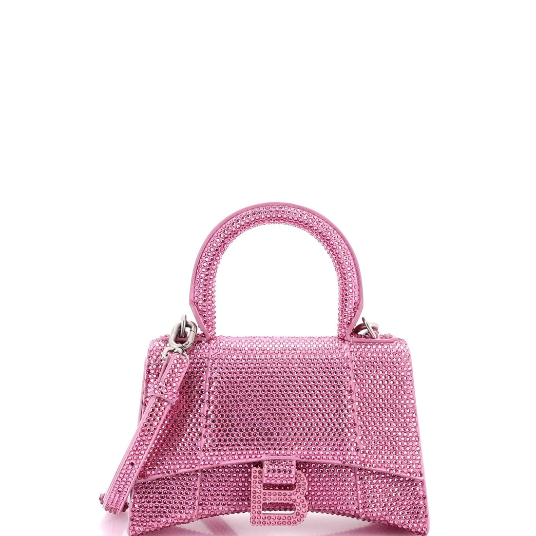 Balenciaga Hourglass Top Handle Bag Suede with Crystals XS: Balenciaga Hourglass Top Handle Bag Suede with Crystals XS Crystal-embellished suede exterior adds a touch of luxury to this pink Balenciaga Hourglass Top Handle Bag, featuring a sleek top handle and