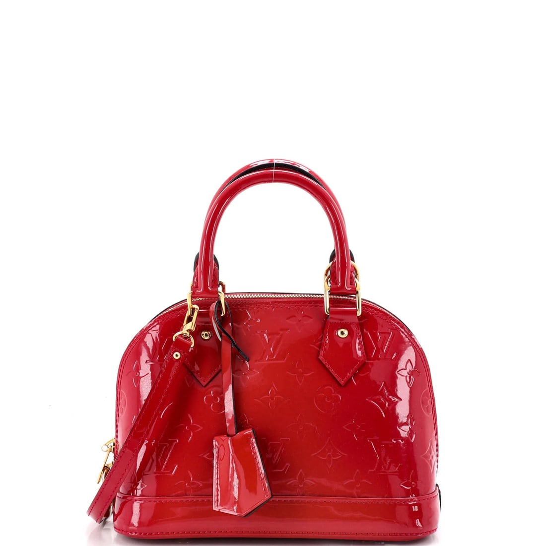 Louis Vuitton Alma Monogram Vernis Handbag: Louis Vuitton Alma Monogram Vernis Handbag The Louis Vuitton Alma Monogram Vernis Handbag boasts a striking red patent leather exterior, adorned with the iconic Monogram Vernis pattern. This stylish s