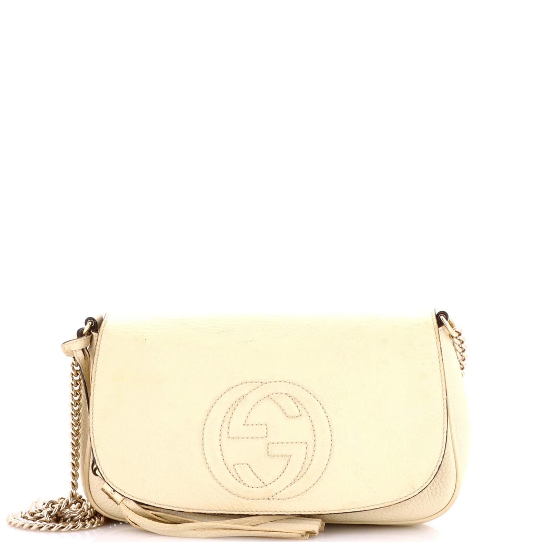 Gucci Medium Leather Chain Crossbody Bag Soho: Gucci Medium Leather Chain Crossbody Bag Soho The Gucci Medium Leather Chain Crossbody Bag Soho boasts a neutral exterior with subtle scuffs and edge wear, giving it a worn-in charm. This
