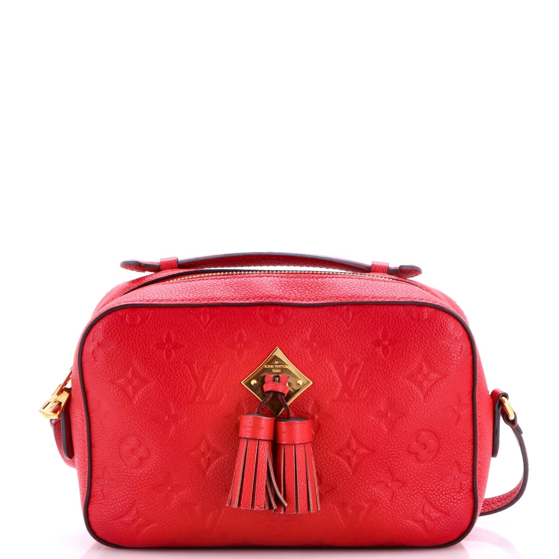 Louis Vuitton Saintonge Monogram Leather Handbag: Louis Vuitton Saintonge Monogram Leather Handbag Red Saintonge Monogram Leather Cross Body Bag from Louis Vuitton features a bold exterior color and iconic monogram Empreinte pattern. Measuring 6"