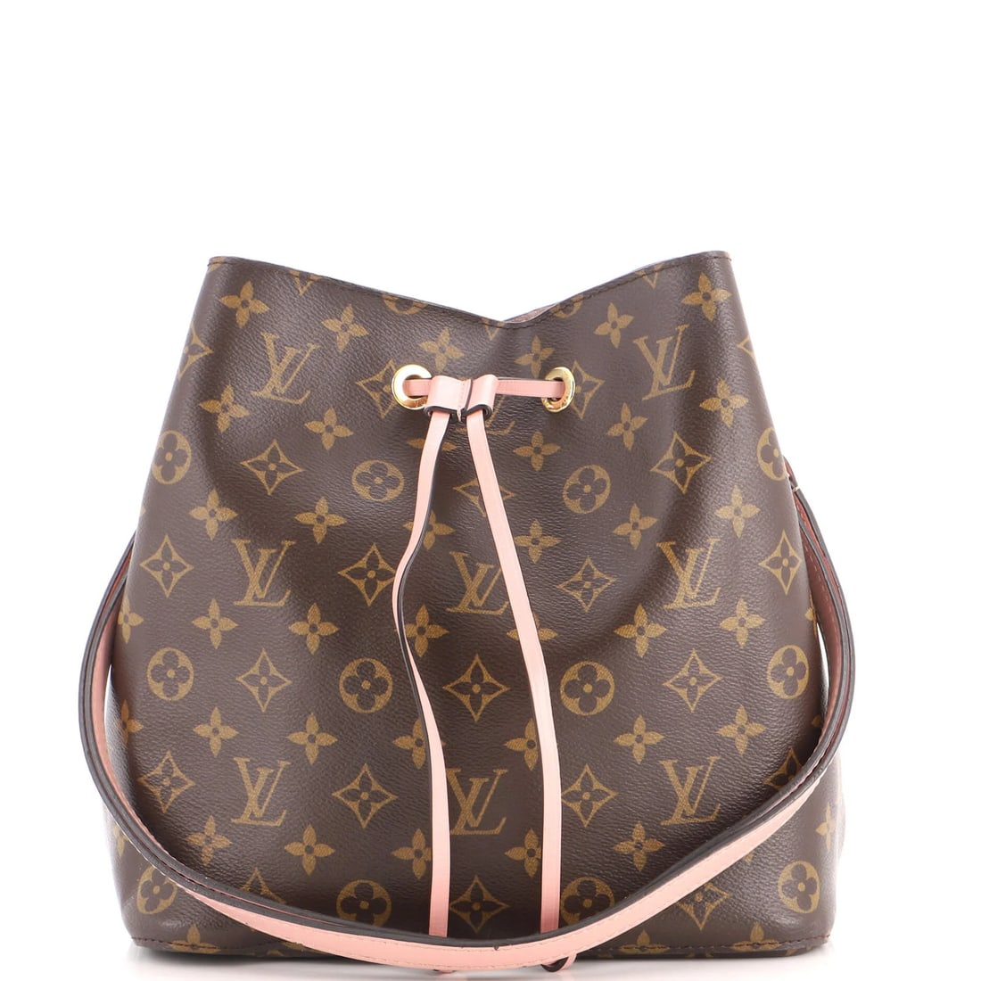 Louis Vuitton NeoNoe Handbag Monogram Canvas with Leather MM: Louis Vuitton NeoNoe Handbag Monogram Canvas with Leather MM Canvas Coated Leather Bucket Bag with Pink Monogram. The Louis Vuitton NeoNoe Handbag boasts a unique design with a pink monogram canvas