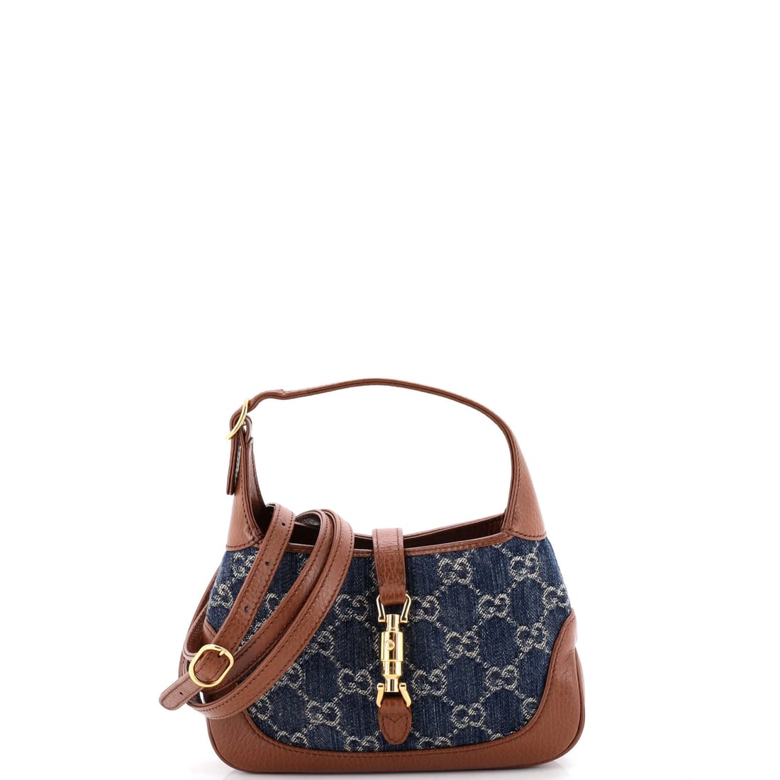 Hobo Mini Denim GG Hobo Gucci 1961: Hobo Mini Denim GG Hobo Gucci 1961 Blue Denim Cross Body Bag with Gold Hardware. This 1961 Gucci Jackie Mini Hobo features a classic cross body design with a denim exterior and neutral interior, adorn