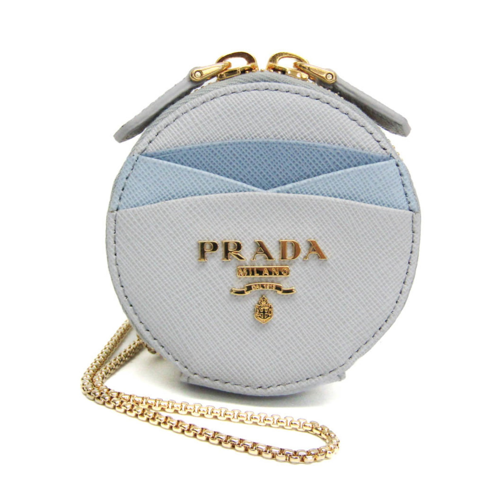 Coin purse case leather: Coin purse case leather Chain strap included, this Prada leather coin purse case features a sleek blue and light blue gray design. Made from high-quality Italian leather, it measures 8.5cm x 8.5cm x 2