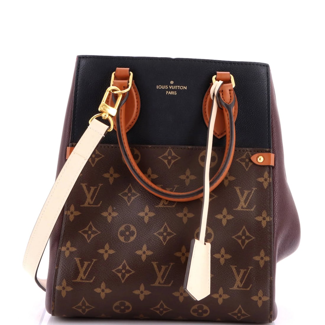 Louis Vuitton Fold Tote Monogram Canvas and Leather MM: Louis Vuitton Fold Tote Monogram Canvas and Leather MM Canvas Coated Leather Louis Vuitton Fold Tote Monogram MM features a multicolor exterior with a black, brown, and burgundy color palette,