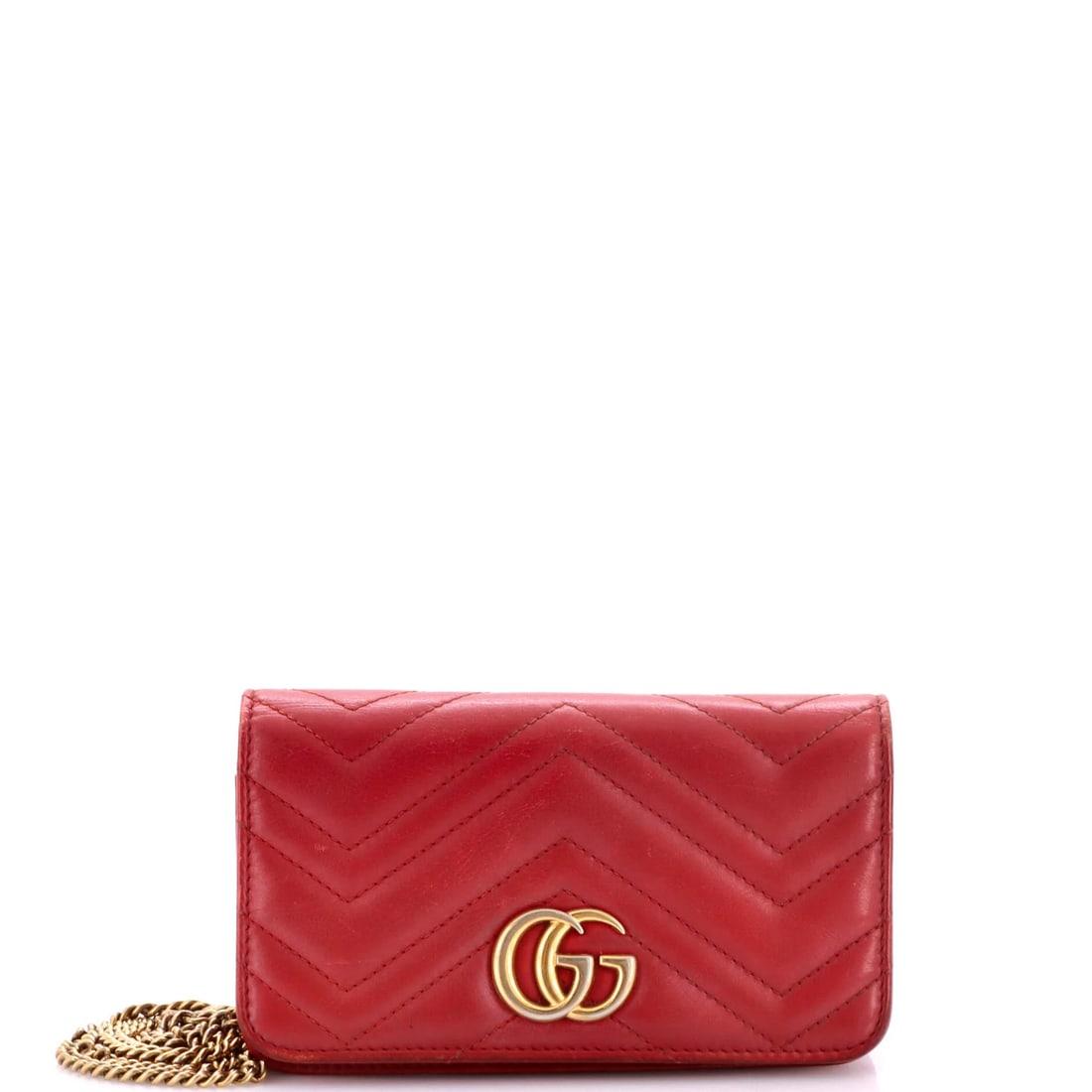 Matelasse Leather Mini Gucci Chain Flap Bag GG Marmont: Matelasse Leather Mini Gucci Chain Flap Bag GG Marmont Red Matelasse Leather Mini Gucci Chain Flap Bag with Gold Hardware, featuring a classic GG Marmont design and a chain flap closure. This mini cro