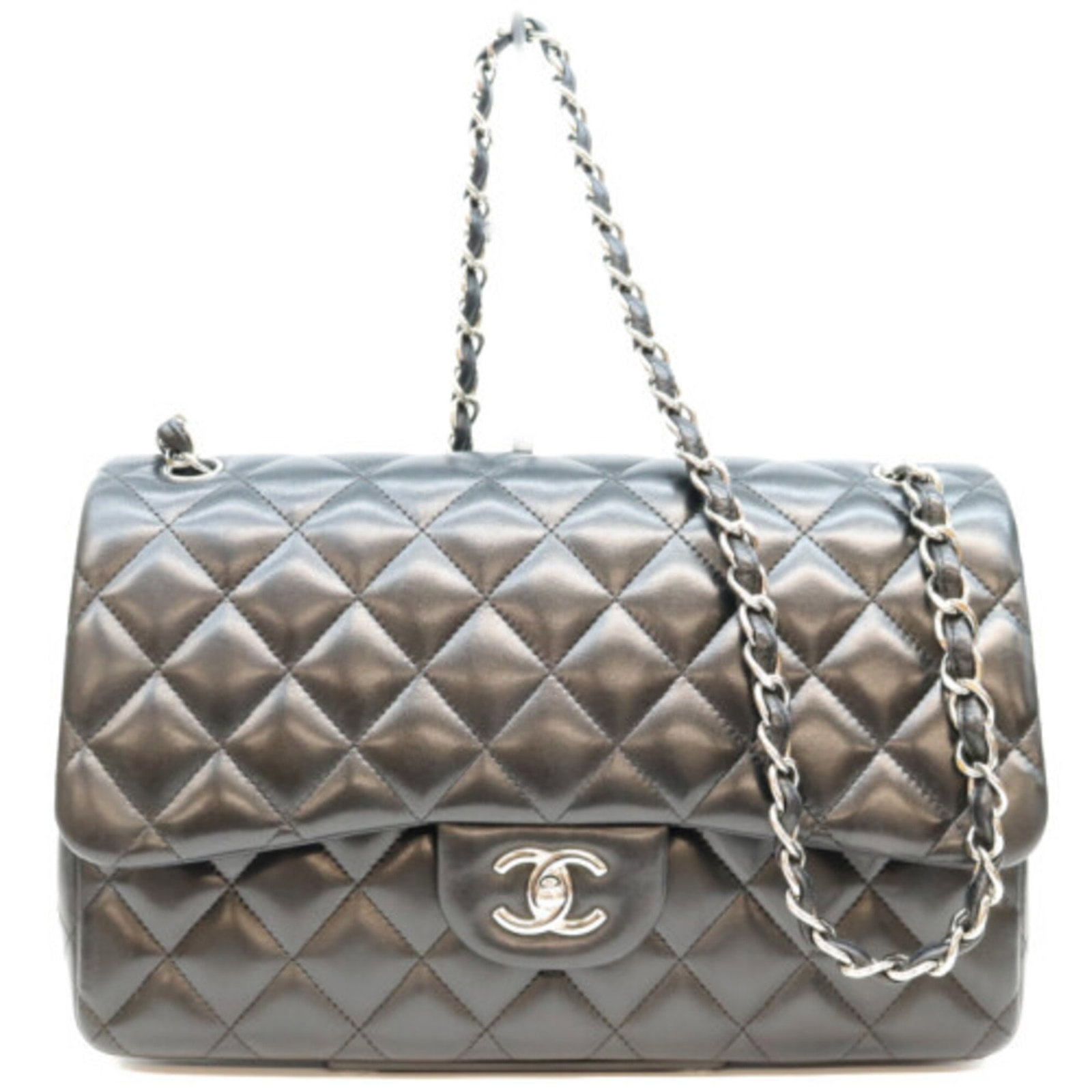 Shoulder Bag Leather Chanel: Shoulder Bag Leather Chanel This luxurious brown leather shoulder bag from Chanel features sleek silver hardware and a classic design. Made from high-quality lambskin, the bag boasts a timeless look