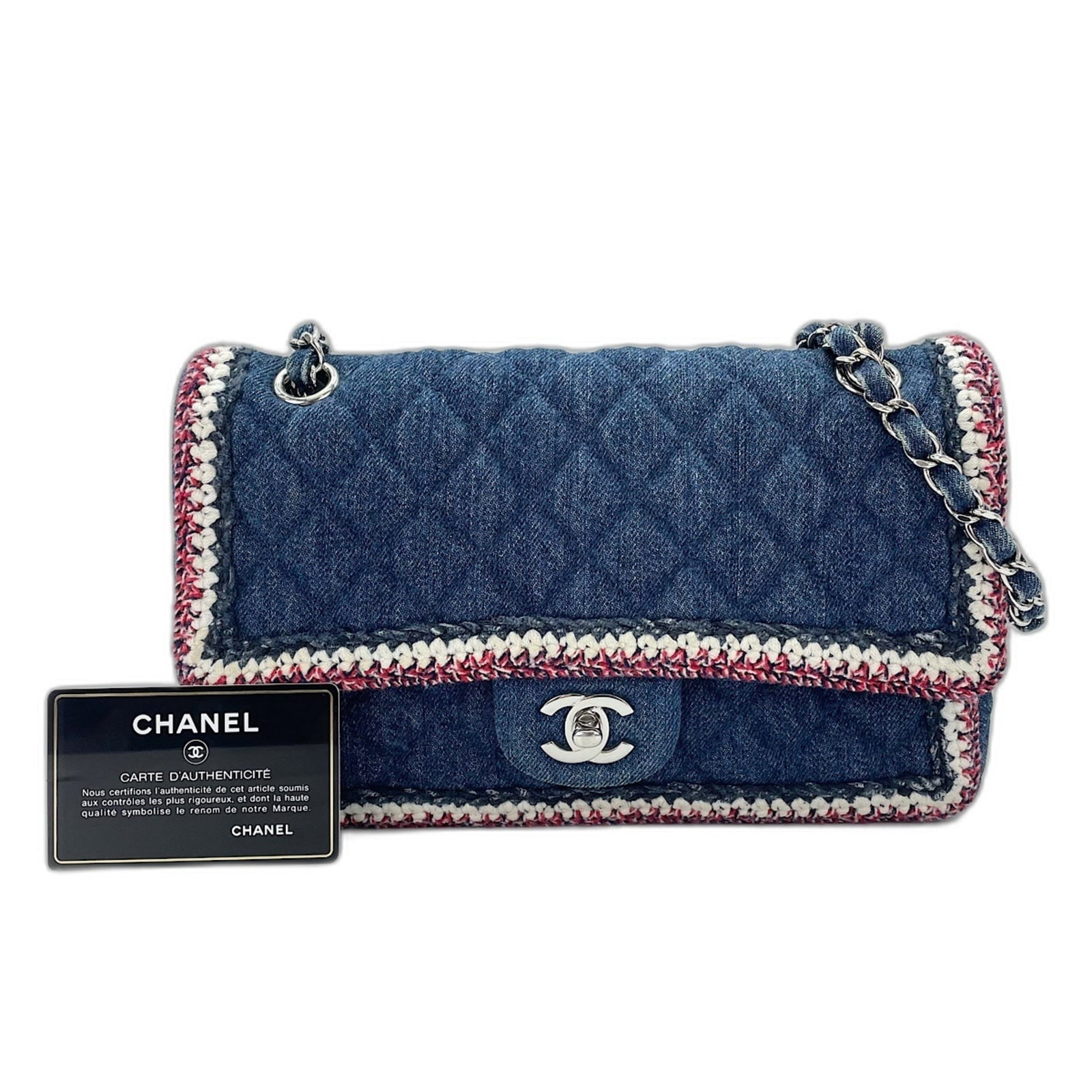 Shoulder Bag by Chanel: Shoulder Bag by Chanel Navy Matelasse Shoulder Bag by Chanel, featuring a classic design with clean lines and a timeless color palette, measures 15.5cm x 25cm x 6.5cm. The bag's 50cm strap length